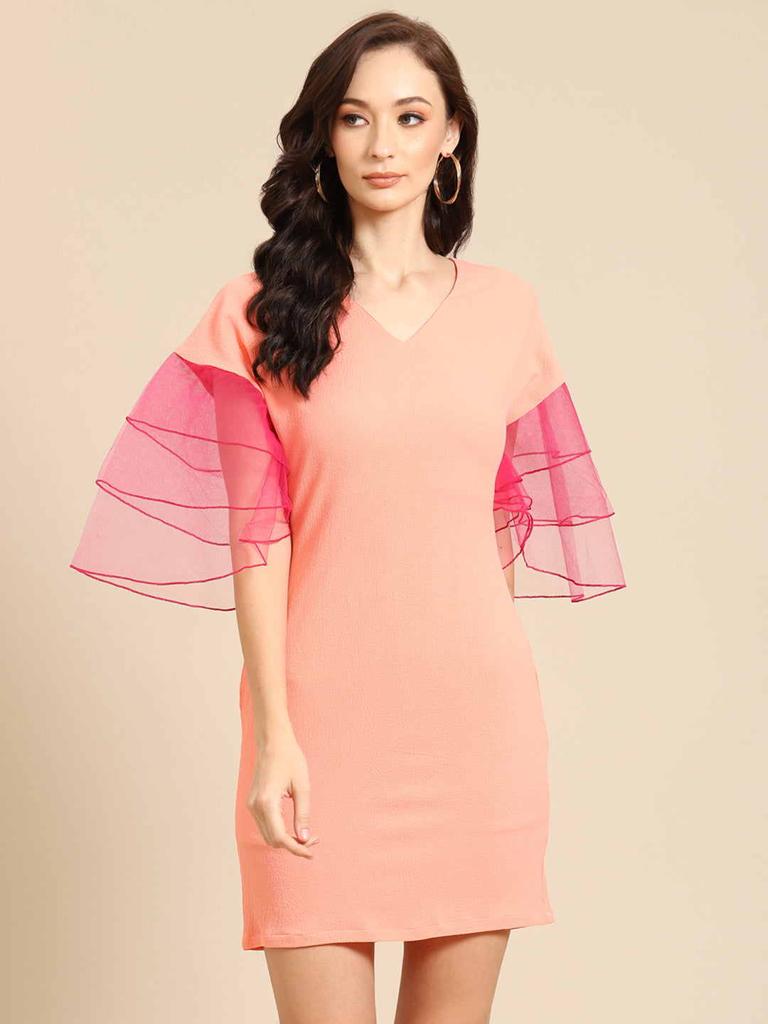 Peach Mini Dress with Pink Organza Ruffle Sleeves – Elegant & Trendy Casual Wear for Women