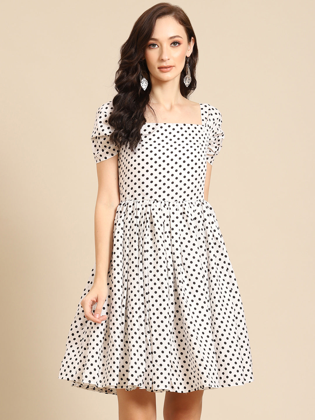 Vintage-Inspired Polka Dot Fit & Flare Dress for Women | Puff Sleeve Square Neck Dress