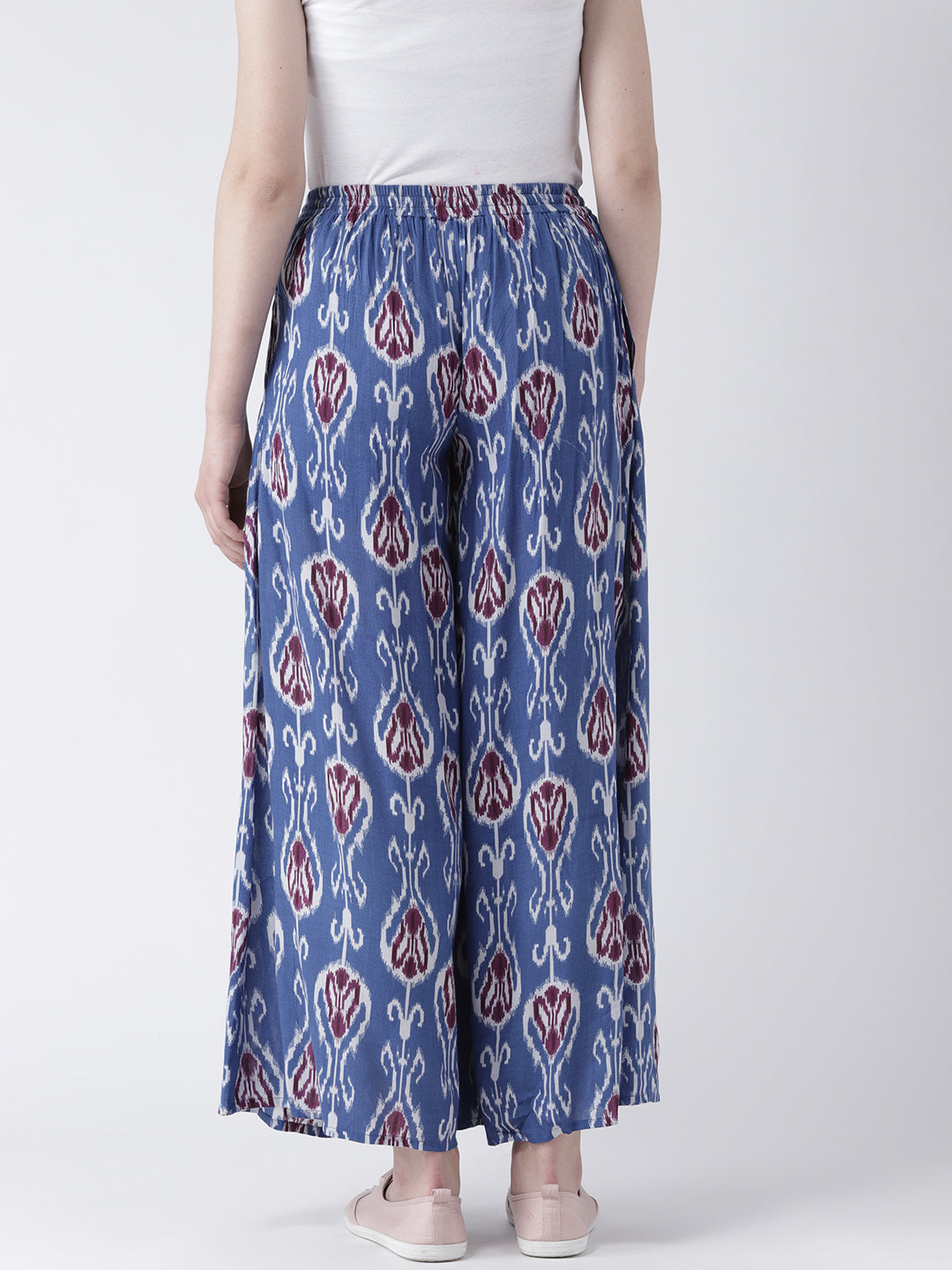 Women's Indigo Blue Ikat Printed Wide-Leg Trousers – Casual Ethnic Cotton Pants