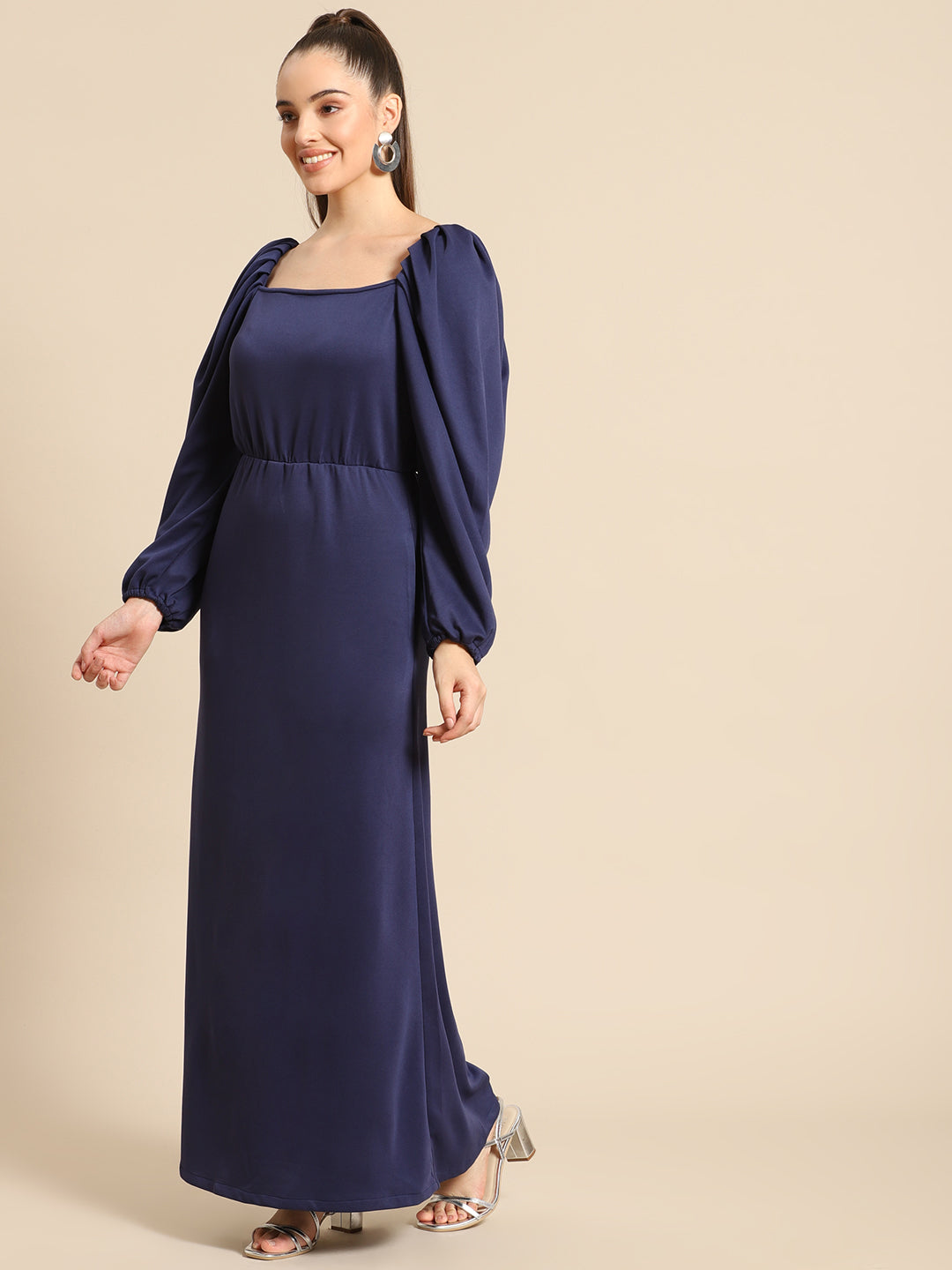 Elegant Navy Blue Maxi Dress for Women – Long Puff Sleeve Evening Gown with Square Neck