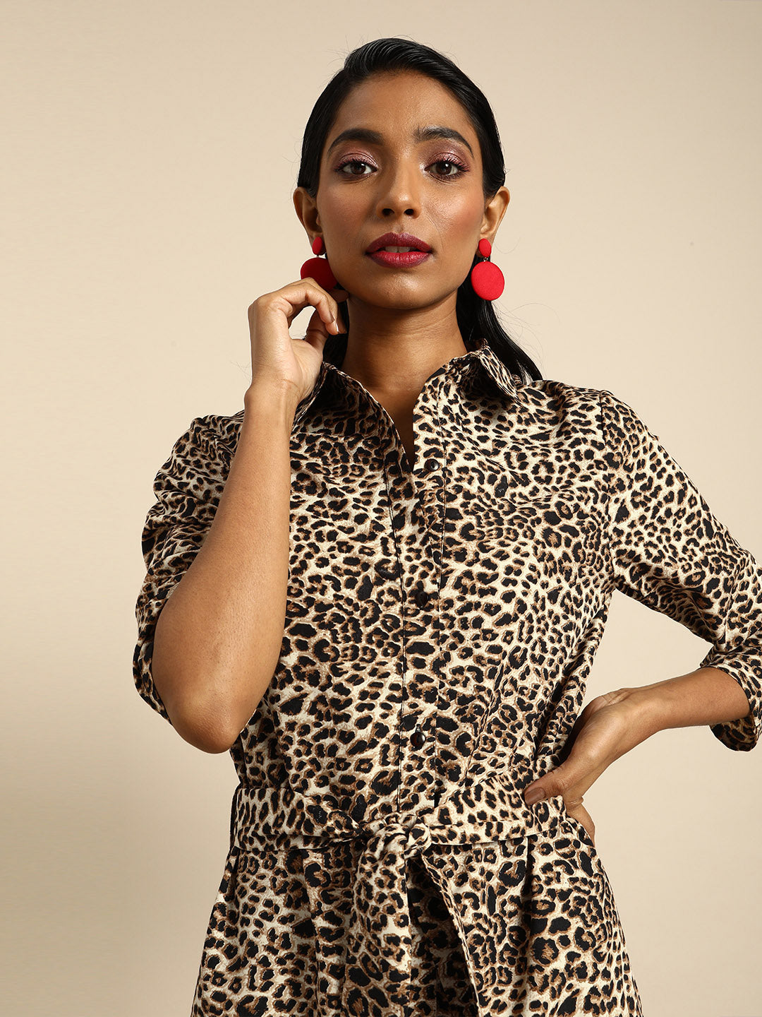 Leopard Print Shirt Dress for Women with Belted Waist and Midi Length