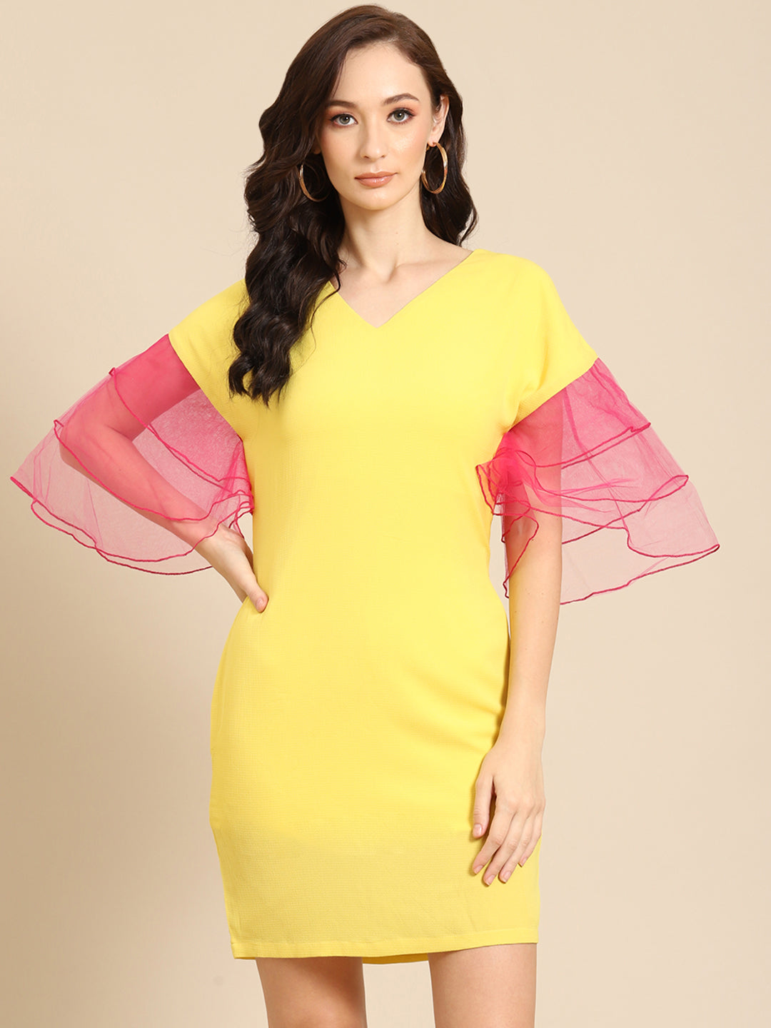 Stylish Yellow Dress with Sheer Pink Ruffle Sleeves – Trendy Summer Wear for Women