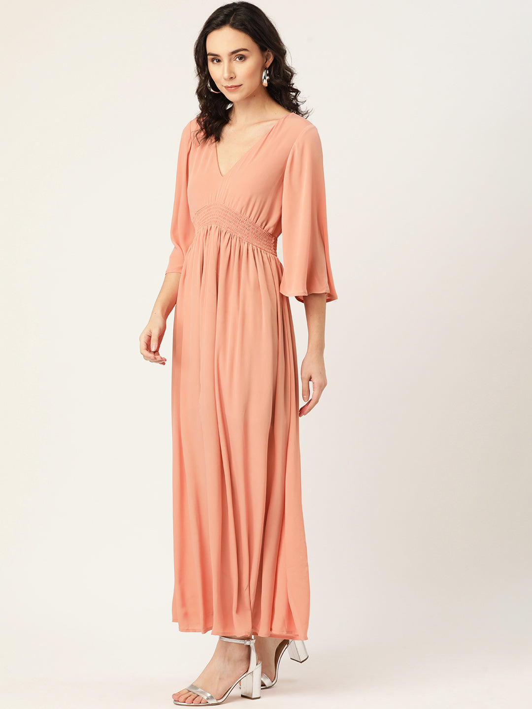 Peach V-Neck Maxi Dress with Flowy Sleeves for Women