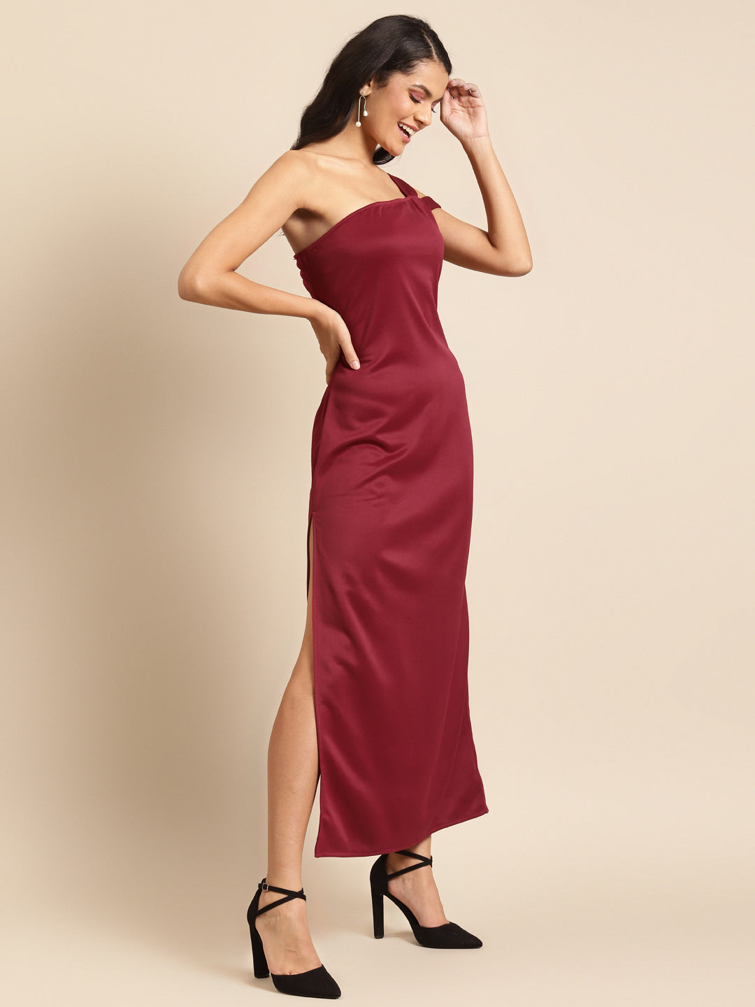 Maroon One-Shoulder Satin Maxi Dress for Women | Elegant Party Gown
