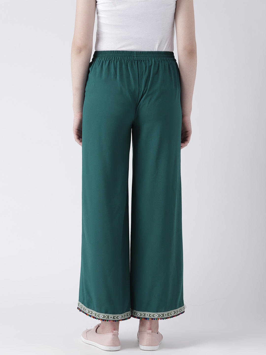 Women's Green Wide-Leg Pants with Embroidered Hem – Casual Ethnic Trousers
