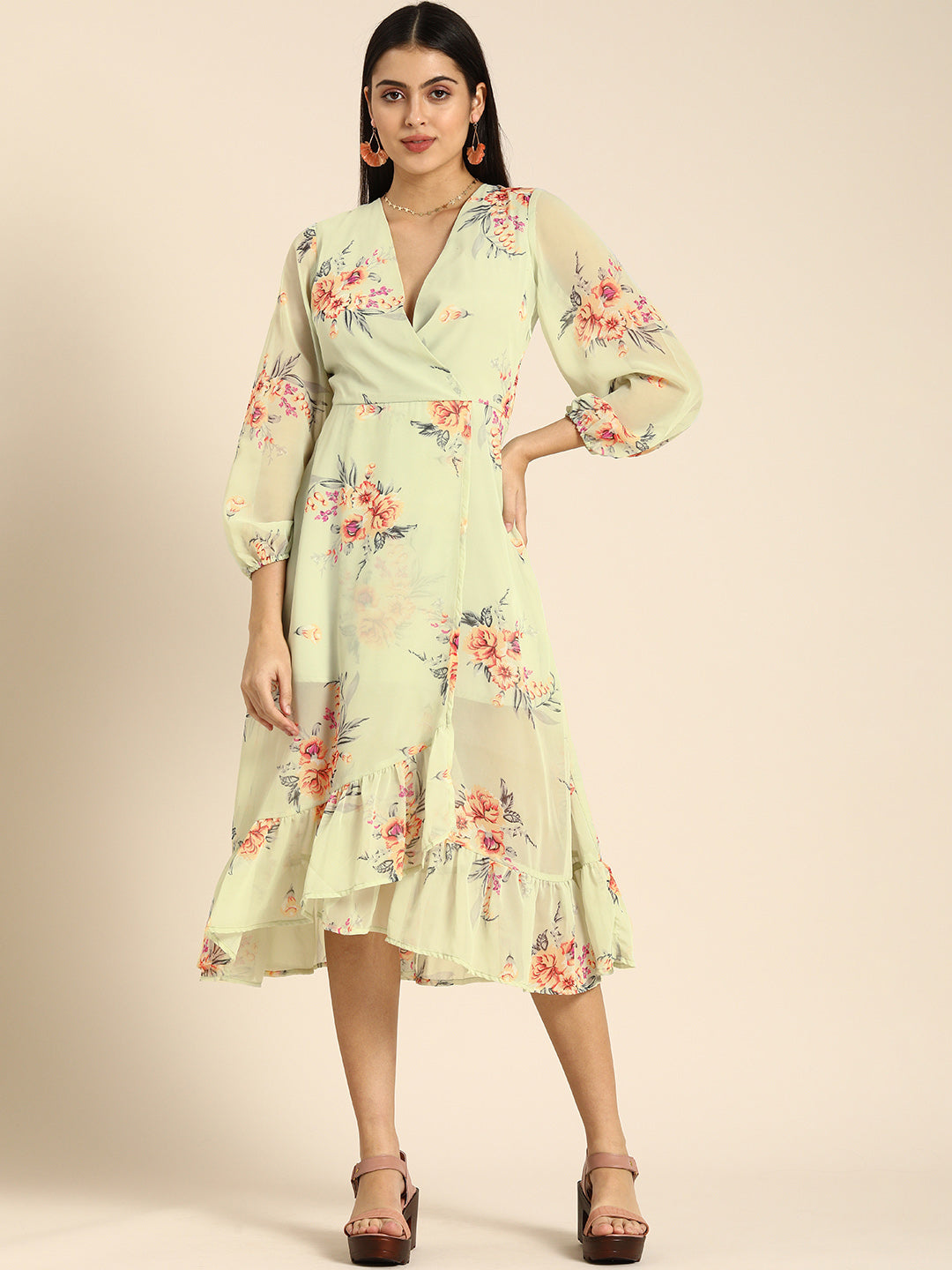 Pastel Green Floral Wrap Midi Dress with Ruffle Hem & Puff Sleeves Elegant Summer Look