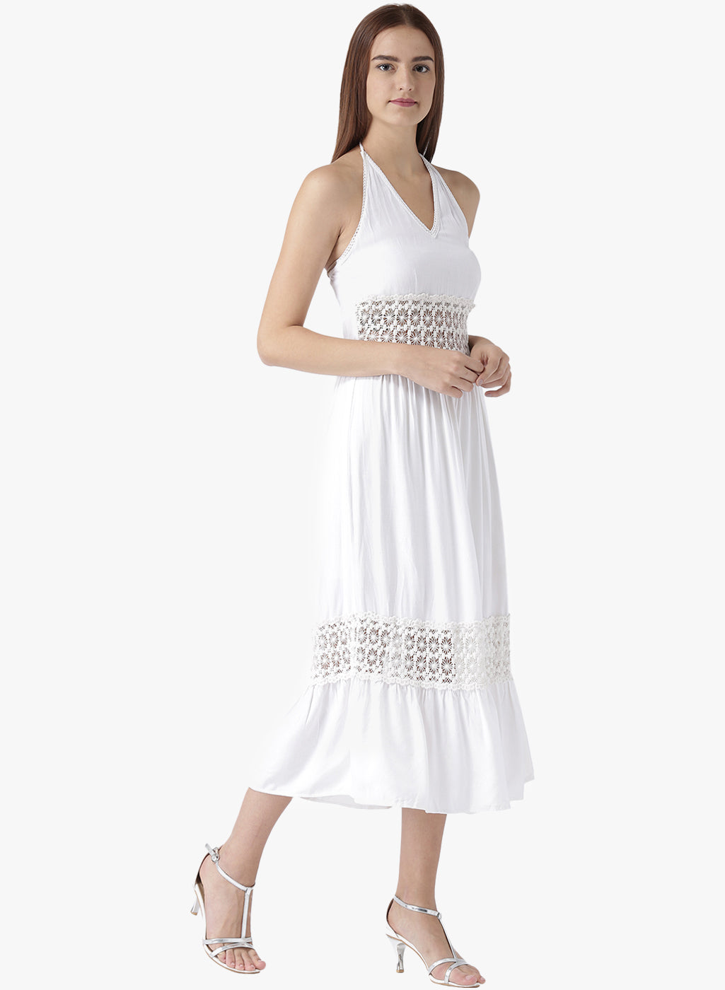 Women's White Halter Neck Midi Dress with Crochet Lace Detailing