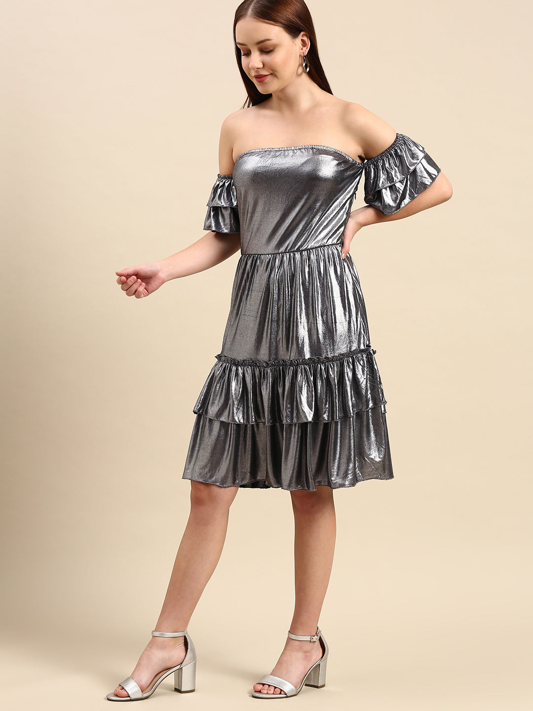 Metallic Silver Off-Shoulder Dress - Tiered Ruffles, Party Wear