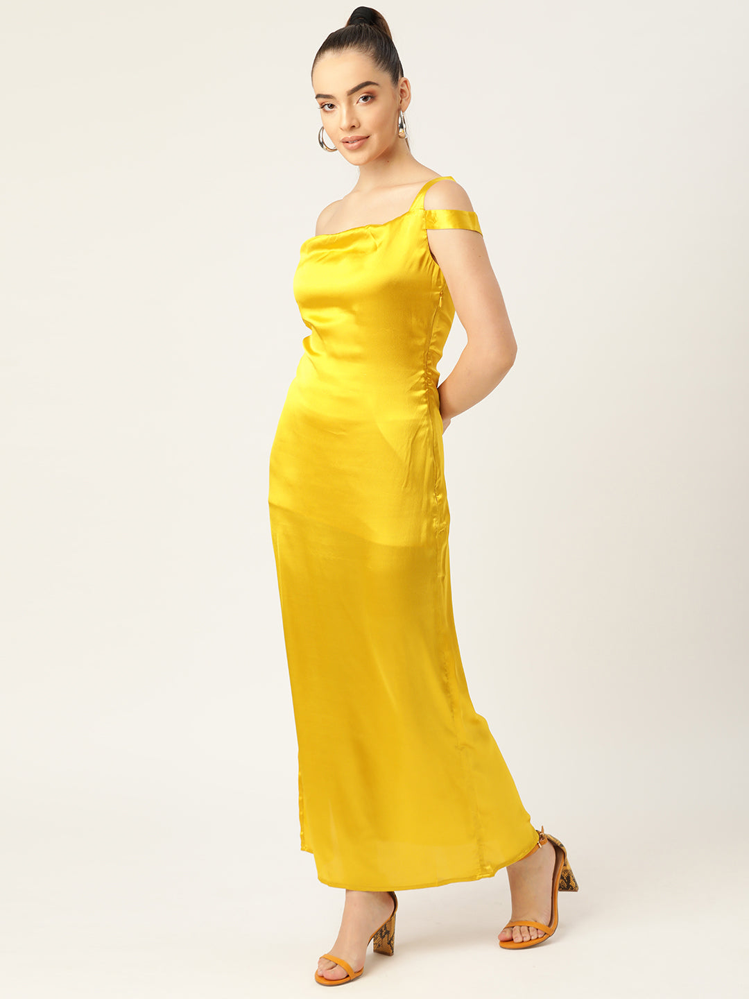 Women Yellow Satin One Shoulder Maxi Dress Elegant Evening Wear