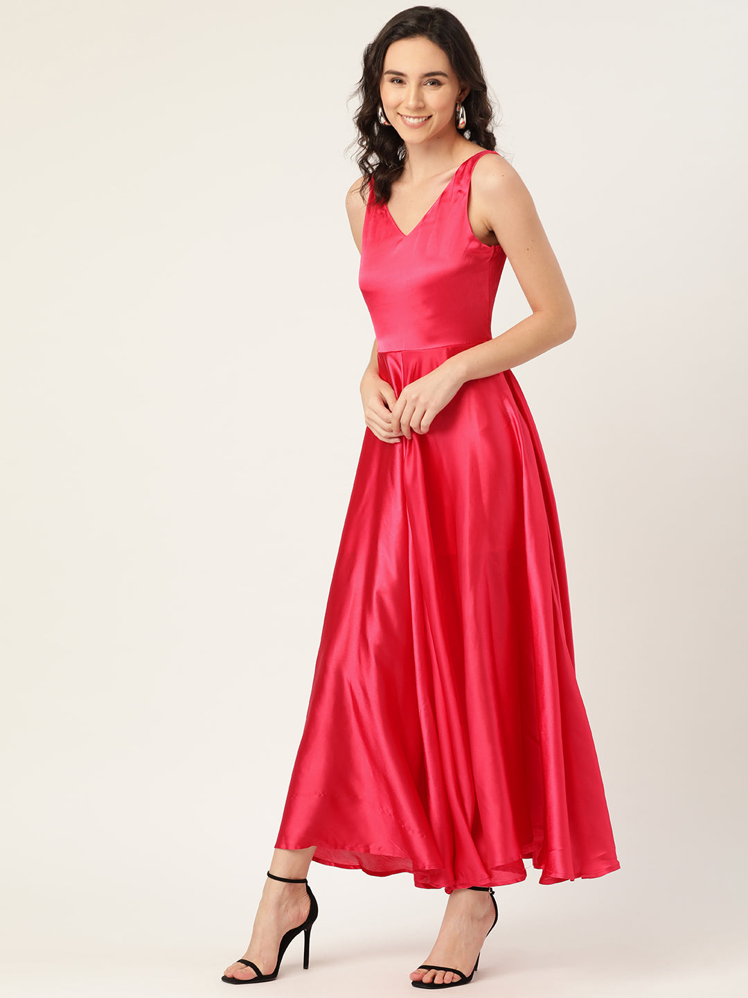 Women Pink Sleeveless Satin V-Neck Maxi Dress