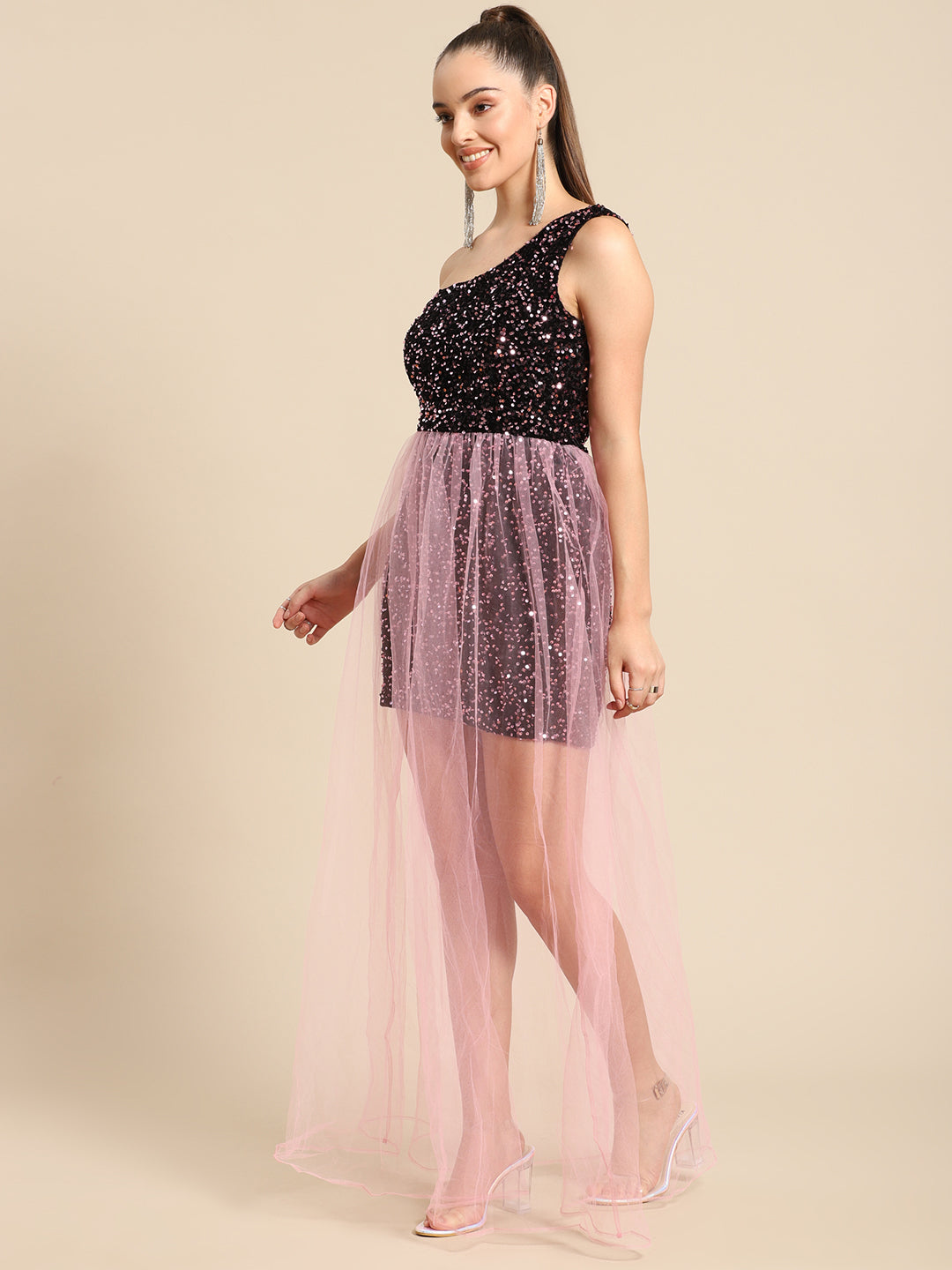 Stylish One Shoulder Sequin Black and Pink Net Dress for Women | Party Wear Gown
