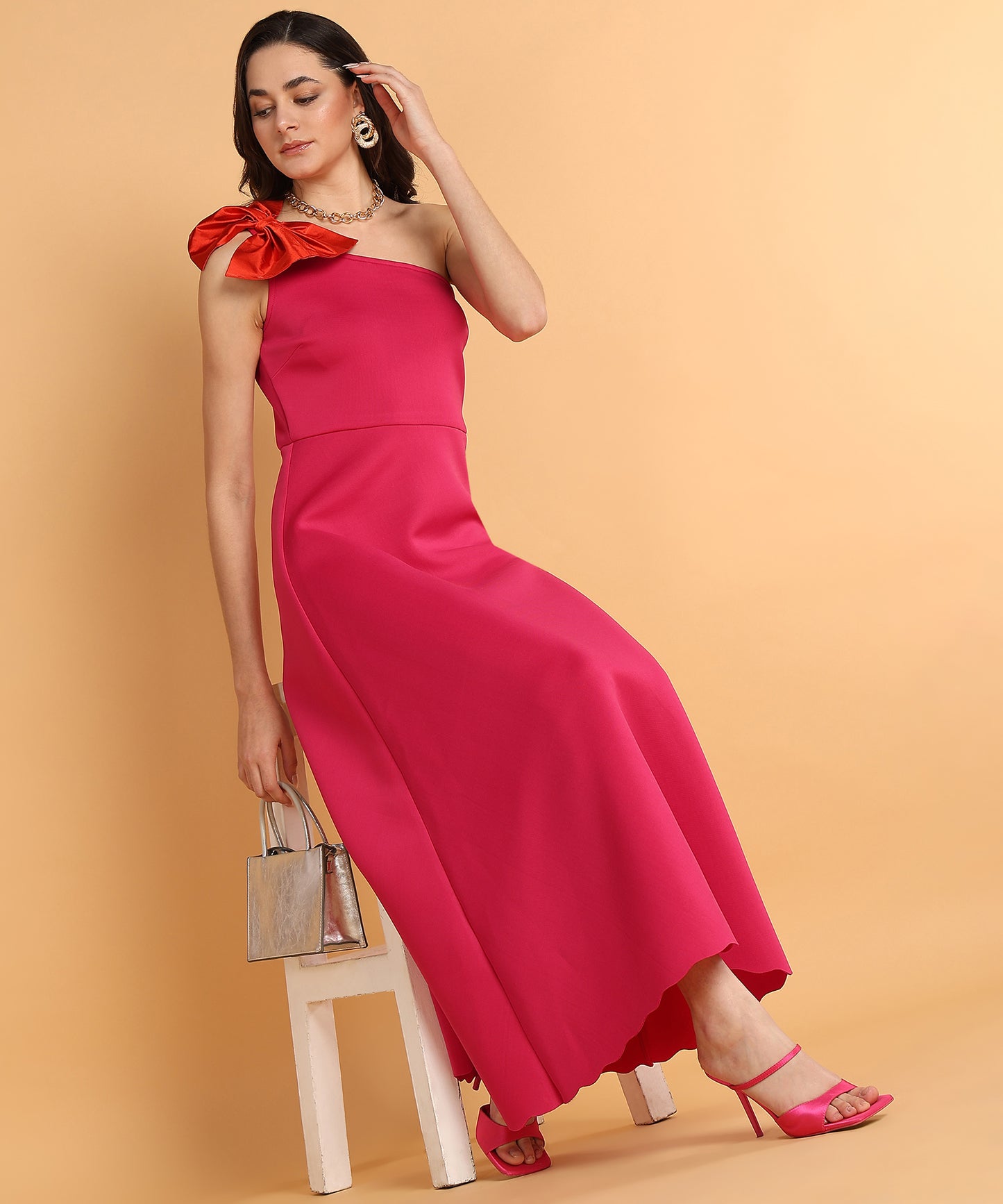 Hot Pink One Shoulder A-Line Midi Dress with Statement Bow for Women