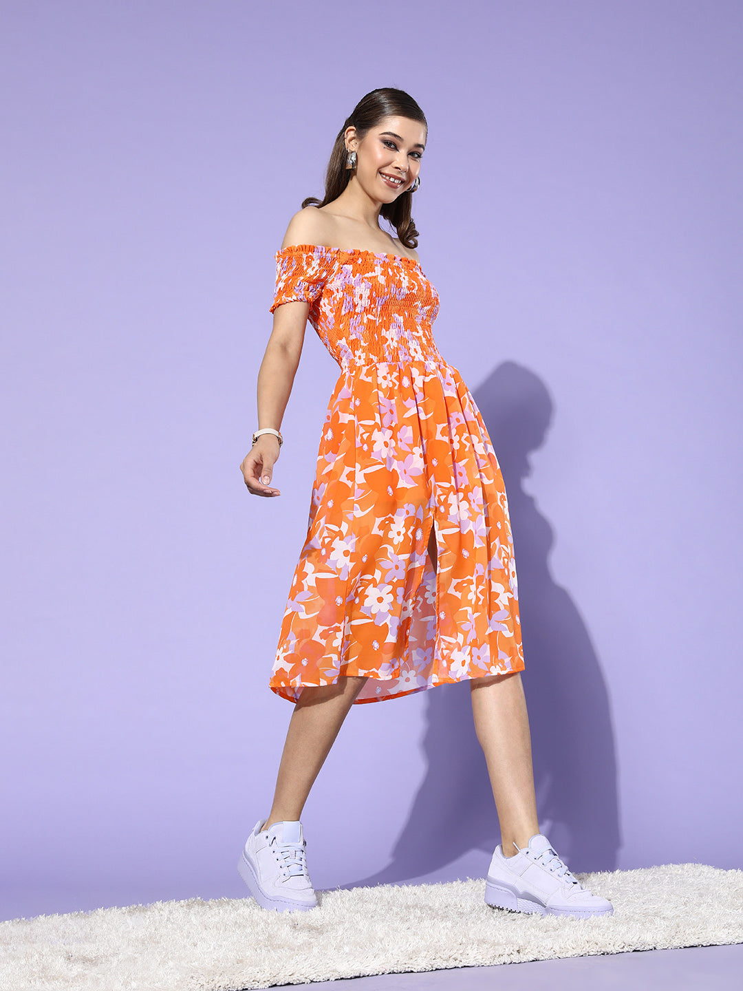 Orange Floral Smocked Off-Shoulder Dress Summer Ready Fit & Flare