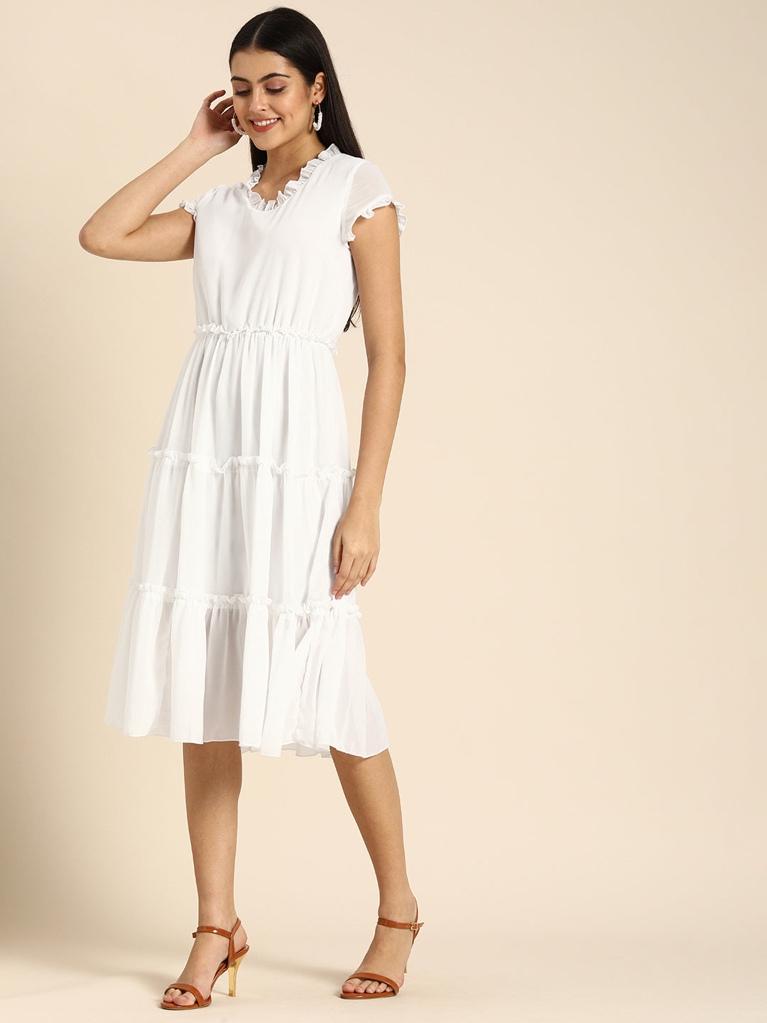 White Ruffle Detail Tiered Midi Dress with Cap Sleeves