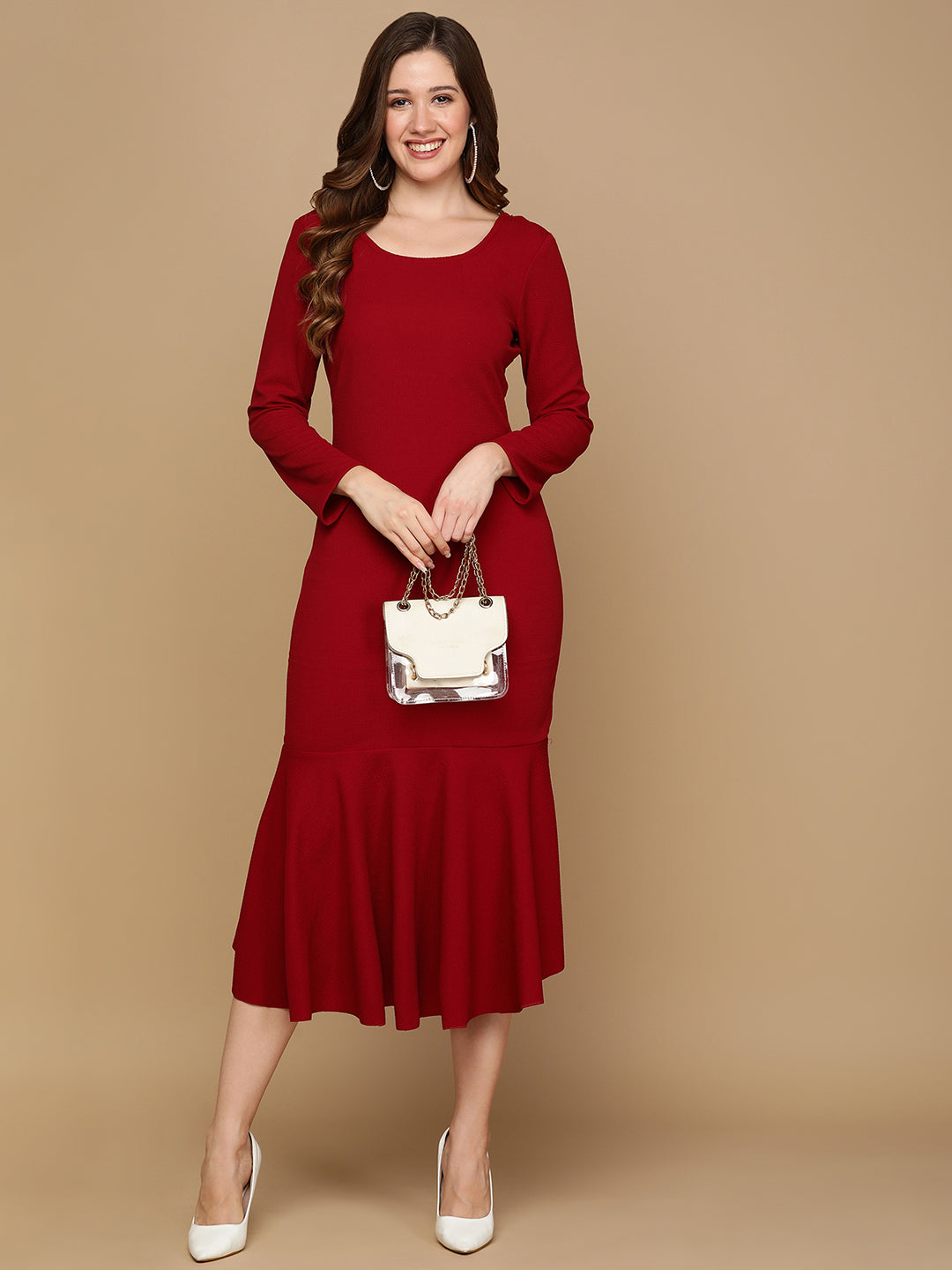 Elegant Maroon Bodycon Midi Dress for Women with Flared Hem | Party We Dodo & Moa Online Store Elegant Maroon Bodycon Midi Dress for Women with Flared Hem | Party We Dodo & Moa Online Store