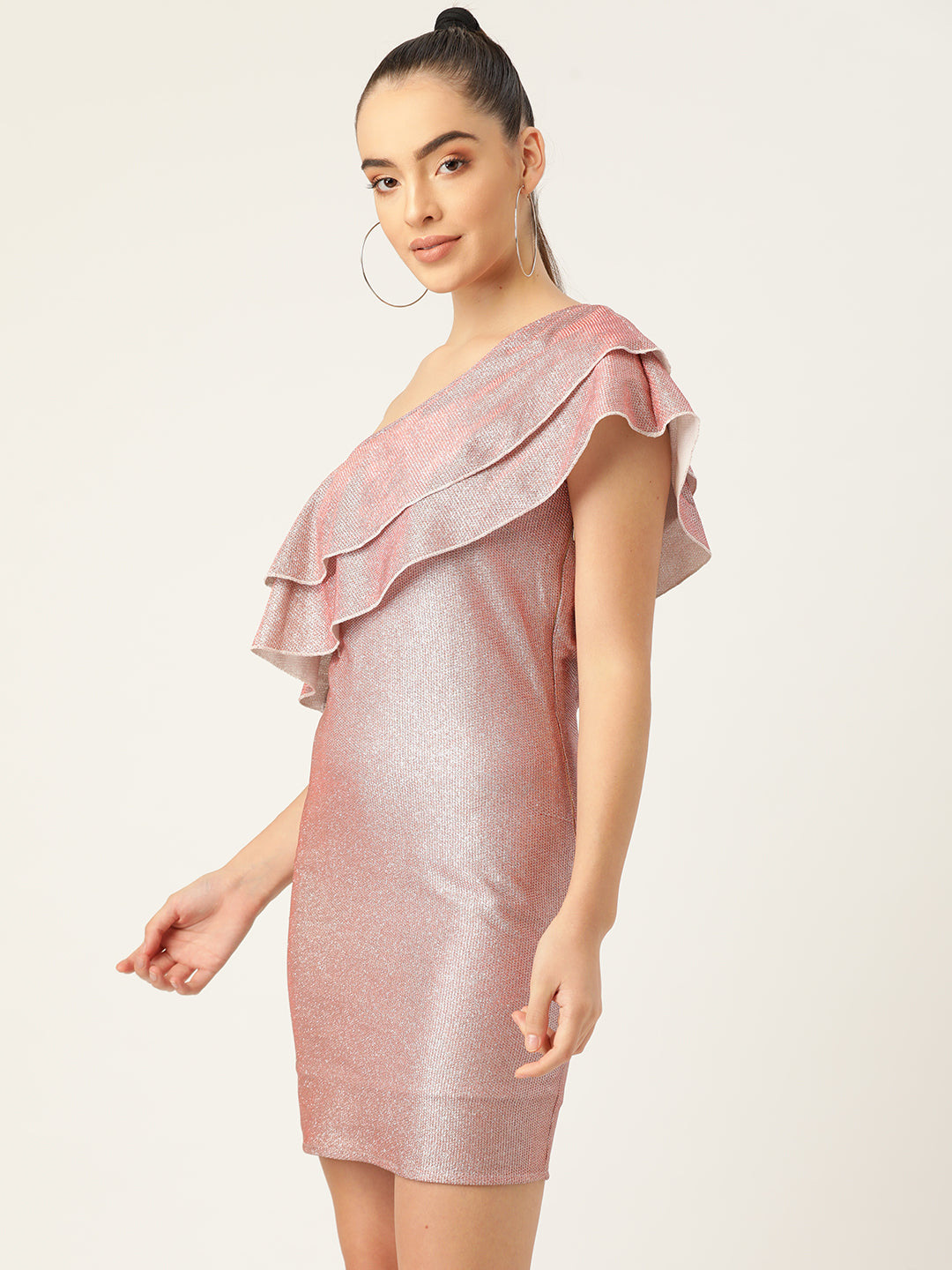 Women Pink One Shoulder Ruffle Party Dress with Shimmer Finish