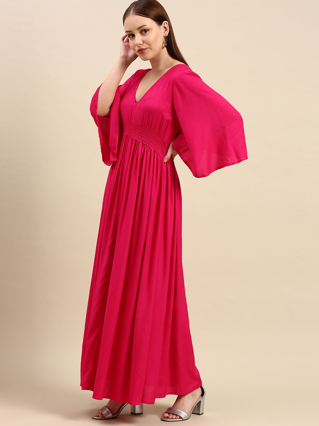 Hot Red Maxi Dress for Women - V-Neck, Flared Sleeves, Smocked Waist