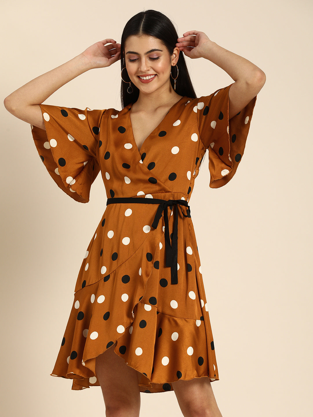 Brown Polka Dot Wrap Mini Dress with Flared Sleeves & Tie Waist Retro Chic Look