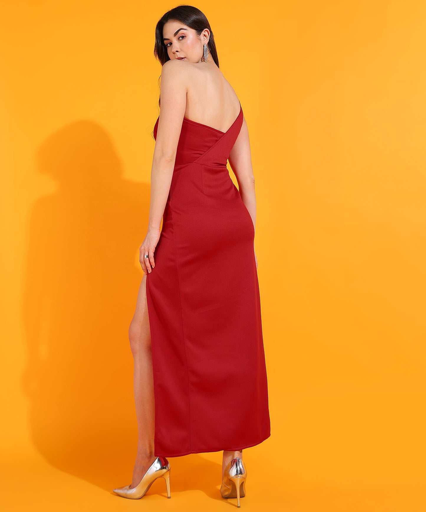 Elegant One Shoulder Red Evening Dress with High Slit – Women's Party Gown