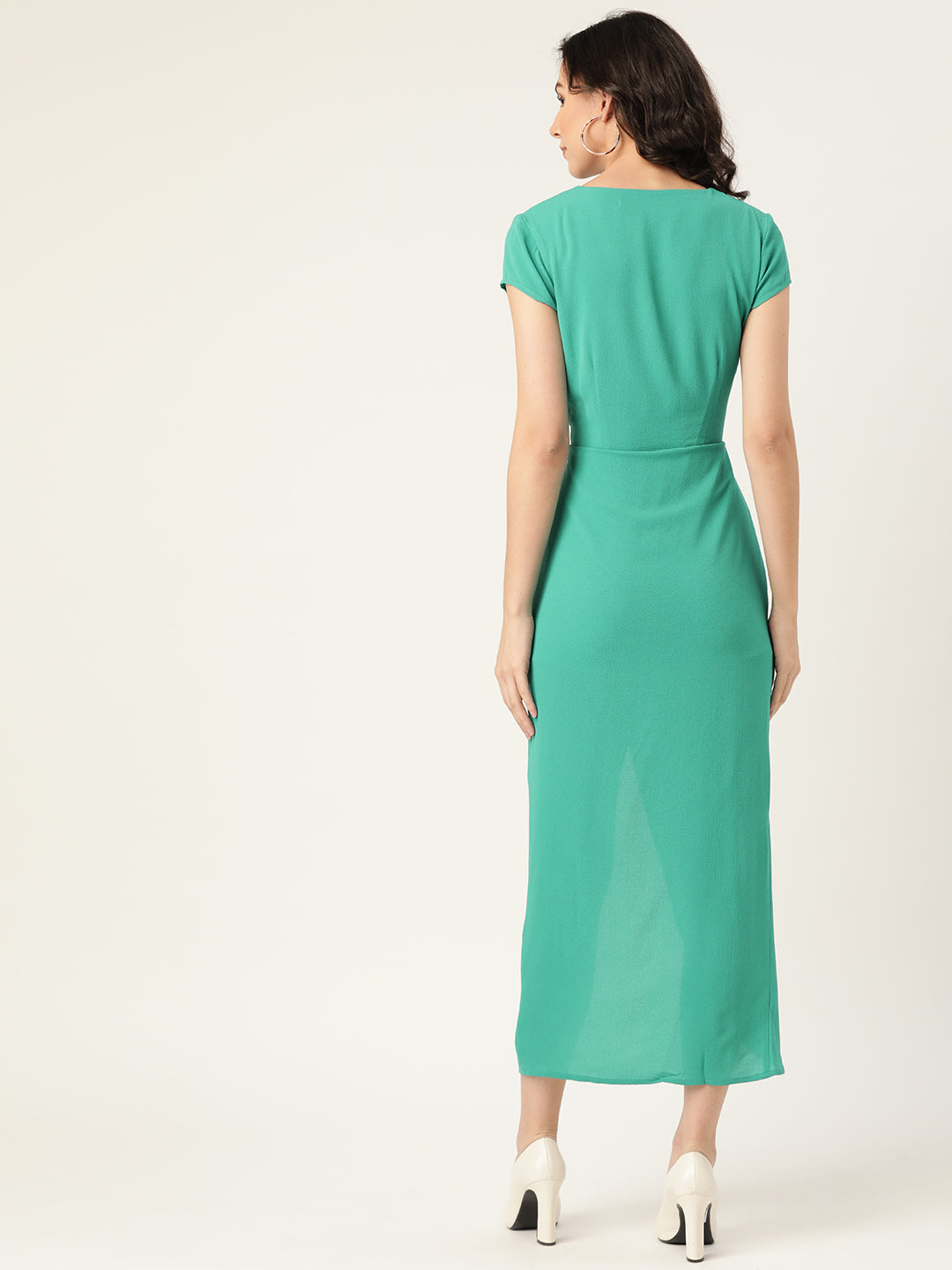 Elegant Green Ruched Wrap Midi Dress for Women – V-Neck Slit Dress for Casual & Party Wear