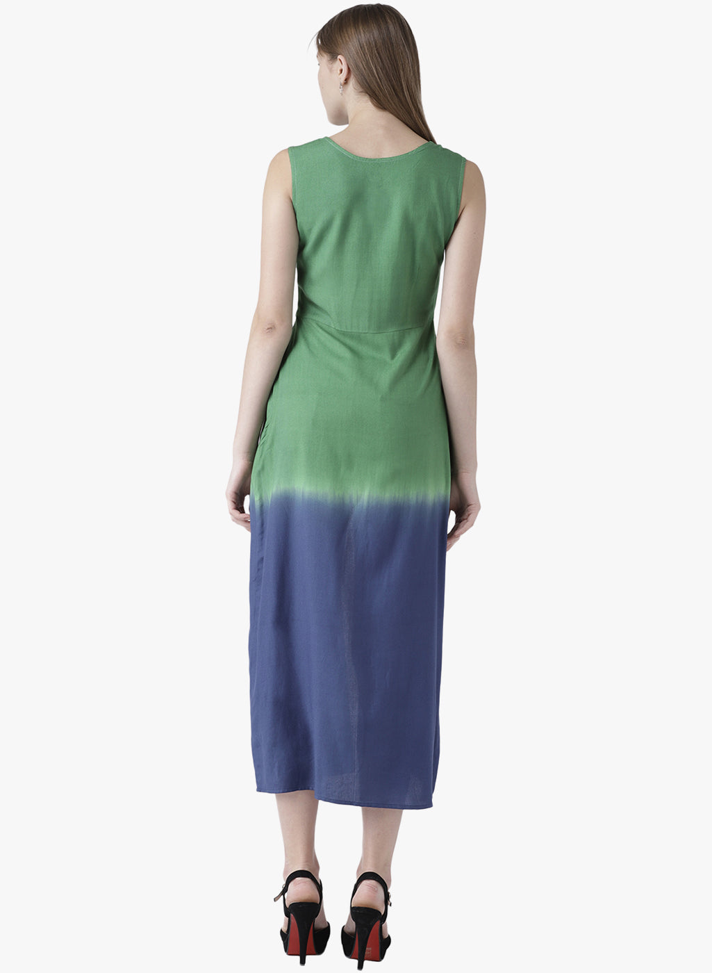 Women's Green and Blue Sleeveless Front Slit Long Kurta for Casual Fusion Look