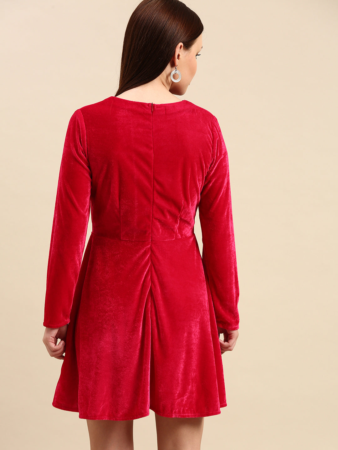 Red Velvet Skater Dress - Long Sleeve, Soft & Elegant