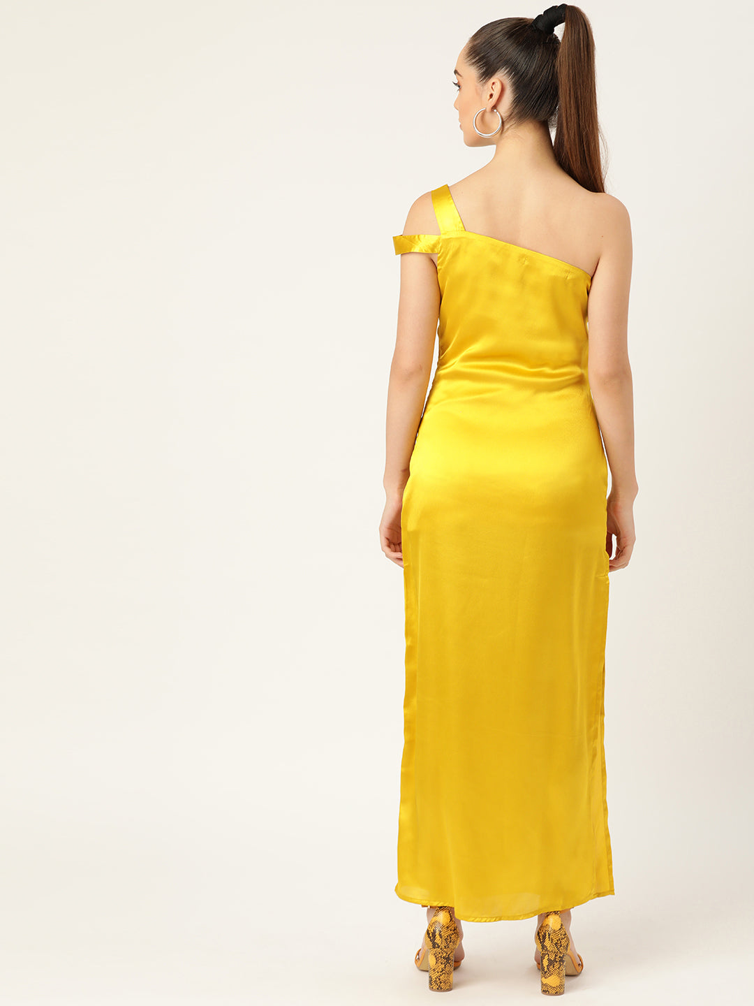 Women Yellow Satin One Shoulder Maxi Dress Elegant Evening Wear