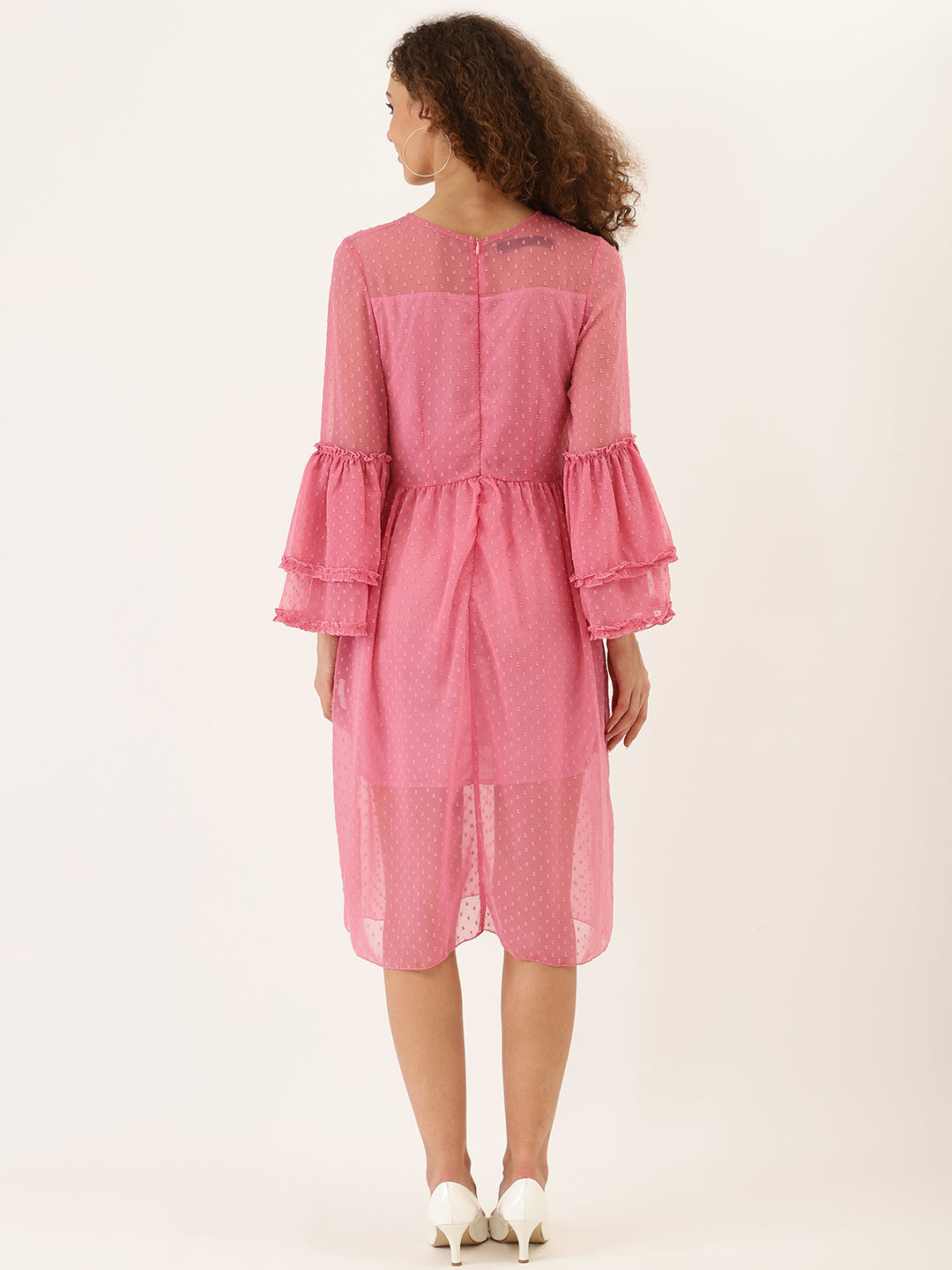 Pink Sheer Polka Dot Midi Dress for Women β Flared Sleeves & Layered Mesh Design