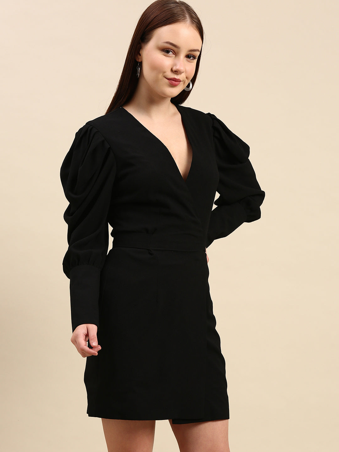 Black Puff Sleeve Wrap Dress for Women - V-Neck, Short Party Dress