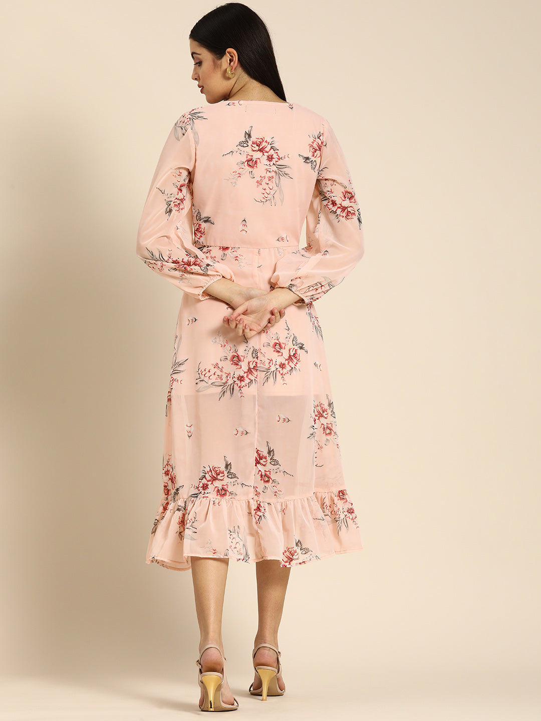 Elegant Peach Floral Midi Dress with Ruffle Hem & Puff Sleeves Romantic Daywear