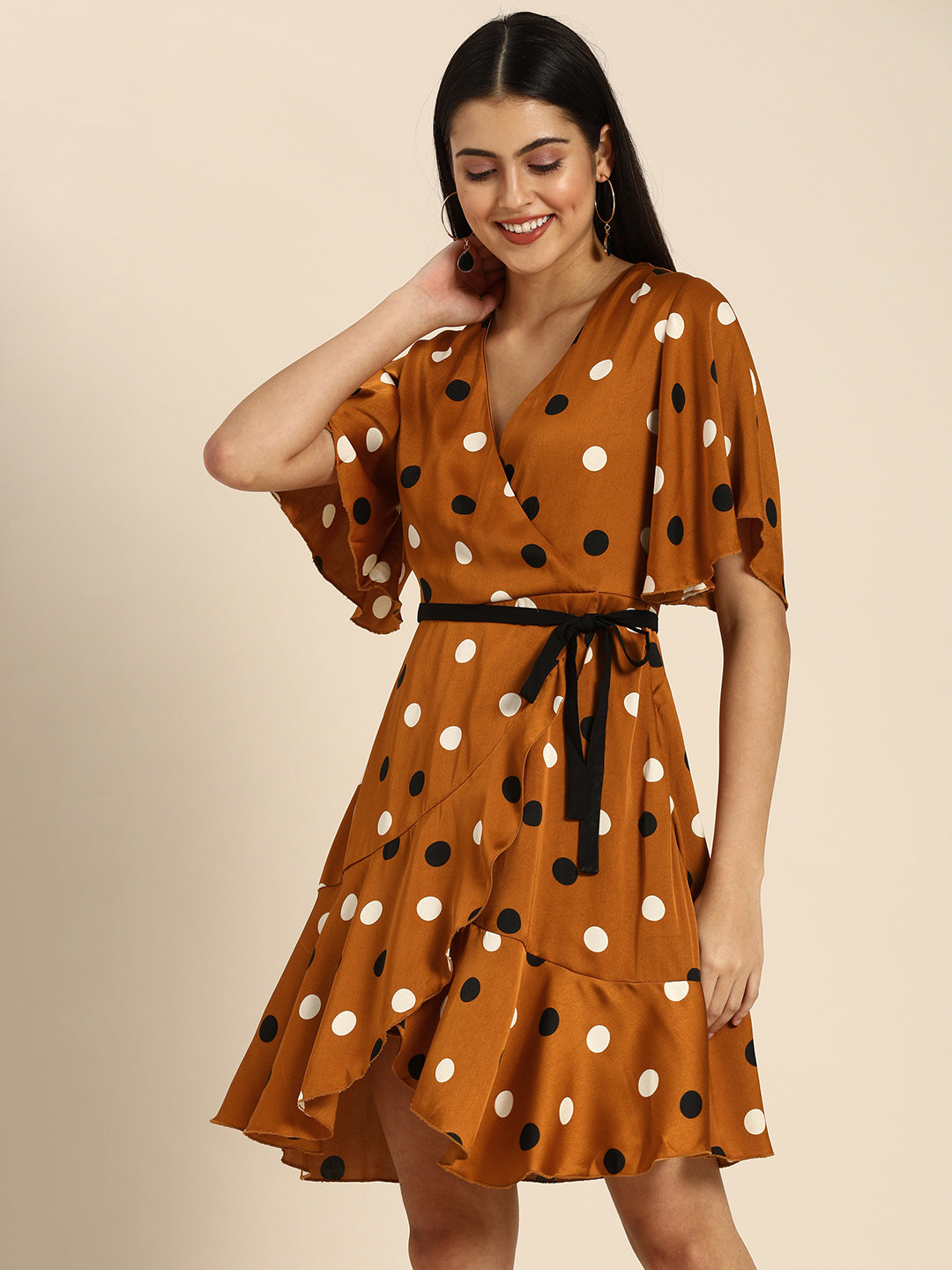 Brown Polka Dot Wrap Mini Dress with Flared Sleeves & Tie Waist Retro Chic Look