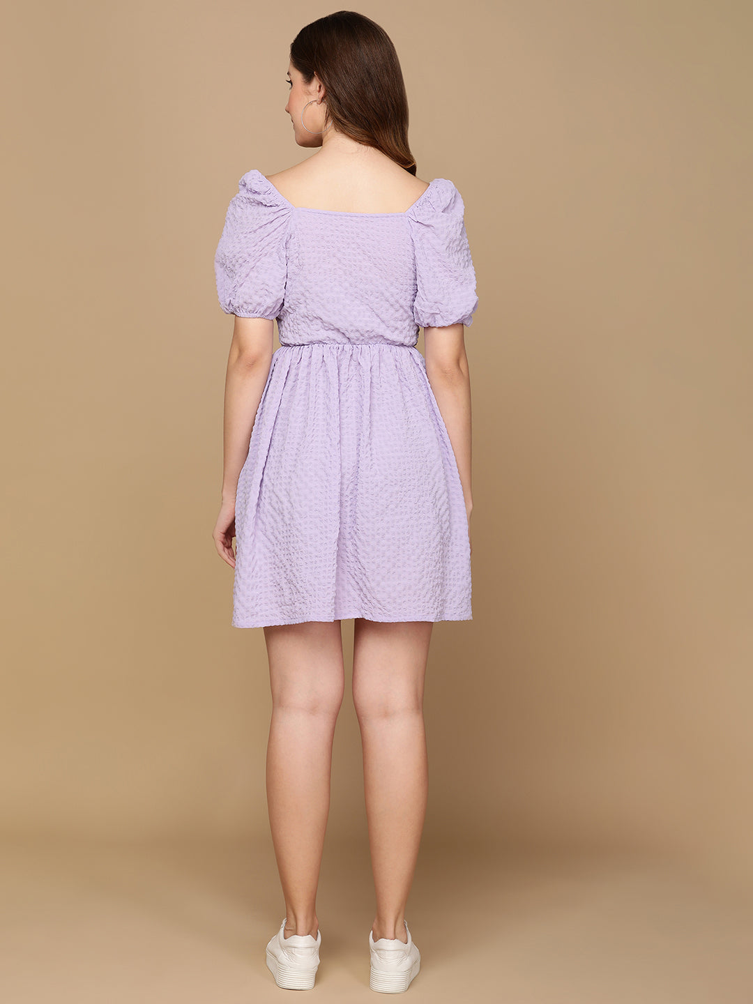 Lavender Textured Mini Dress for Women – Puff Sleeve Casual Fit and Flare Dress