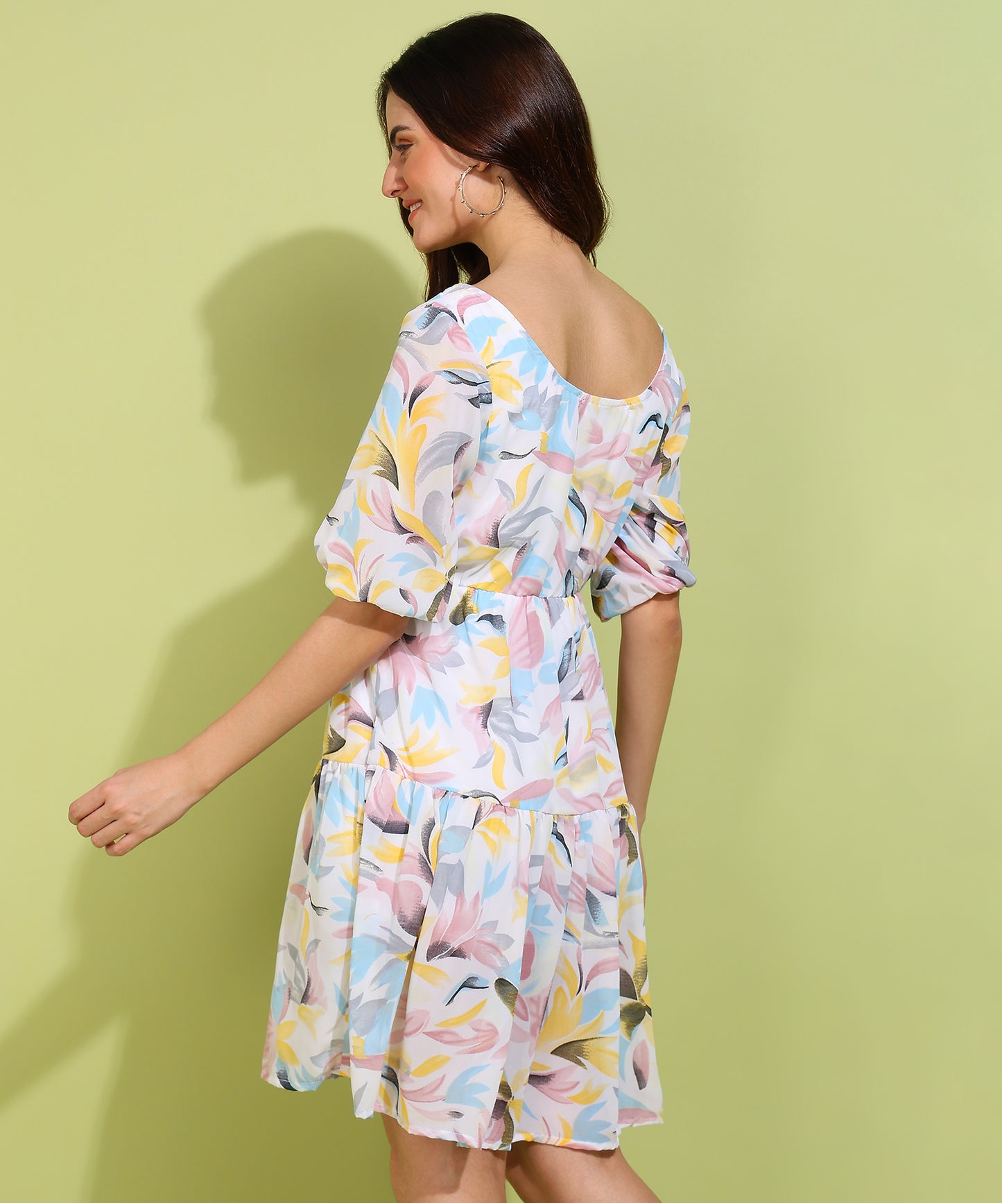 Women’s Multicolor Floral Print Tiered Mini Dress with Puff Sleeves