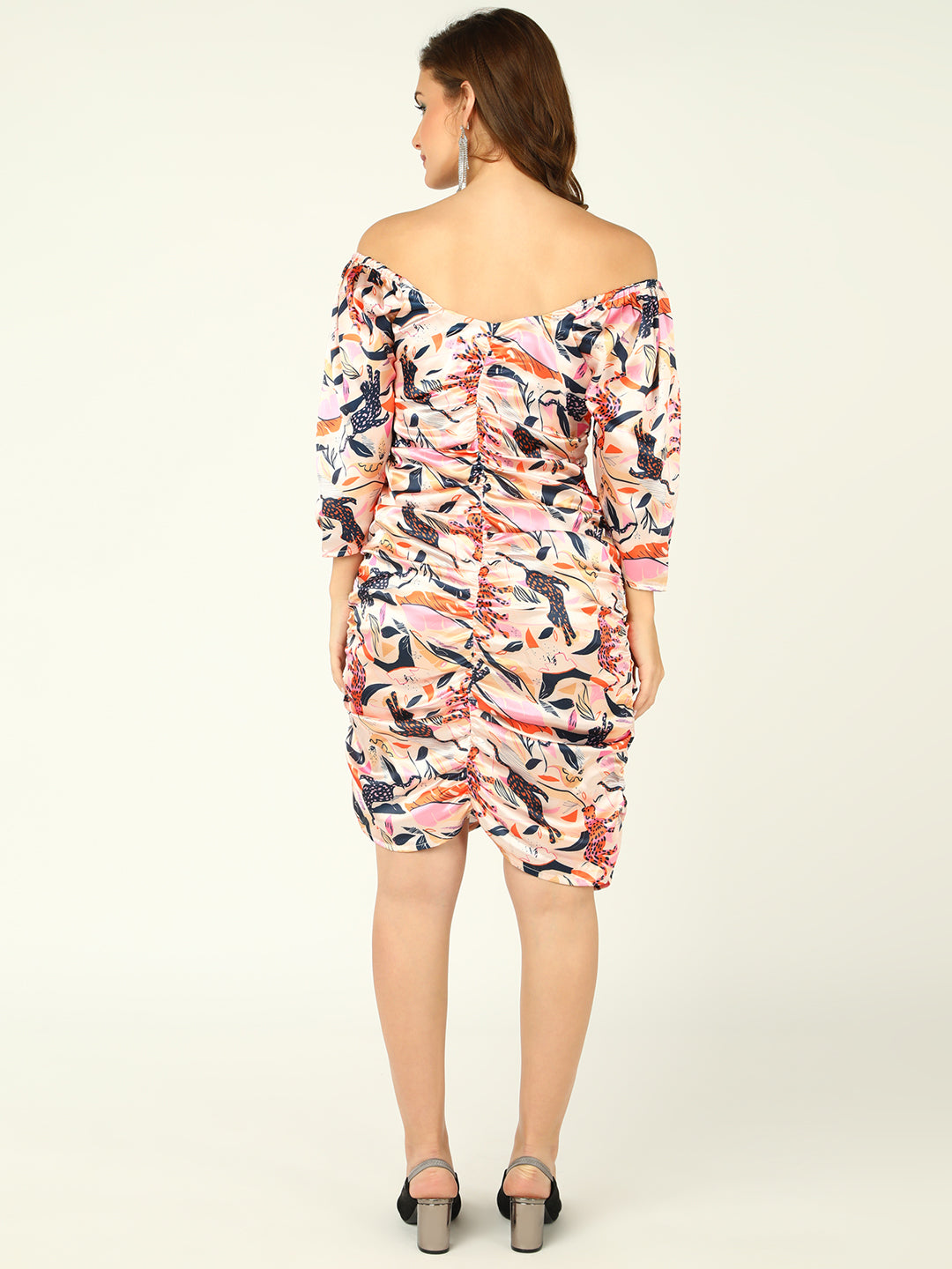 Floral Printed Off-Shoulder Ruched Bodycon Dress with Puff Sleeves