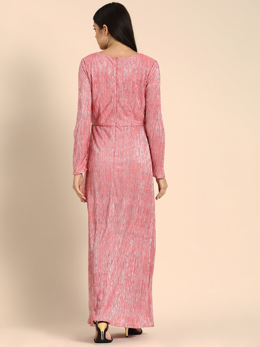 Pink Metallic Pleated Gown with Slit and Draped Detail
