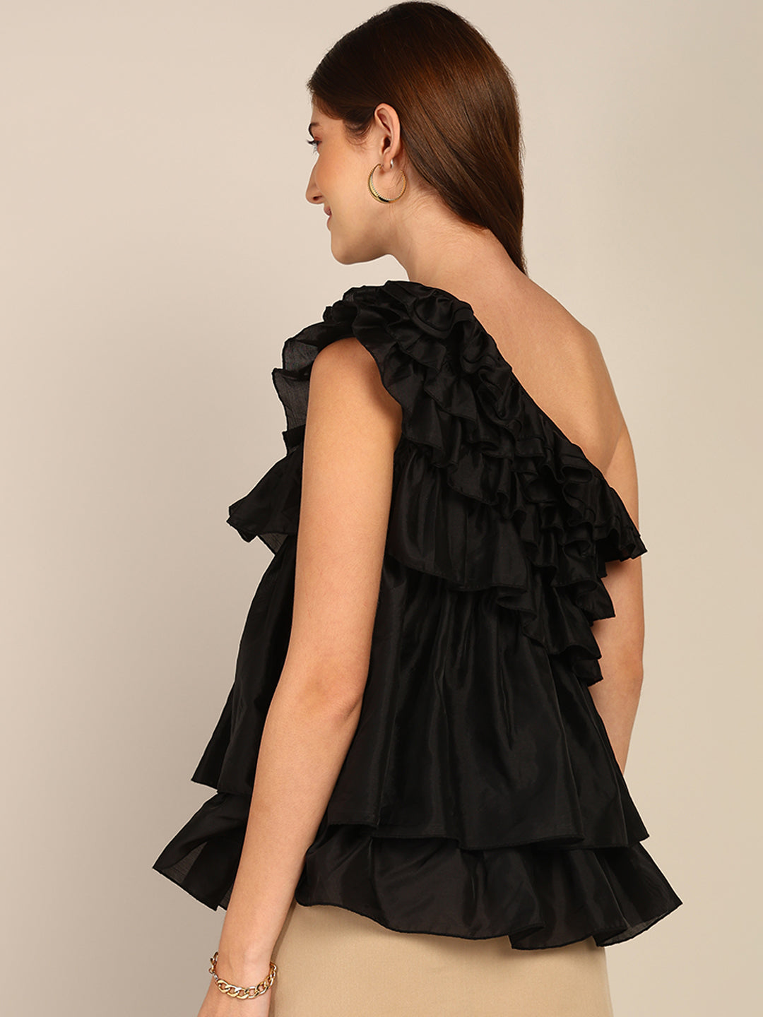 Black One Shoulder Ruffle Layered Party Top for Women