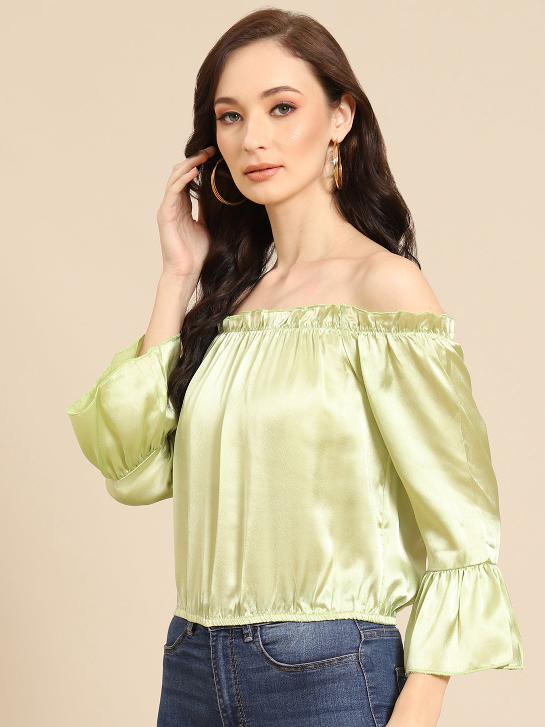 Light Green Off Shoulder Satin Top for Women | Flared Sleeve Stylish Blouse