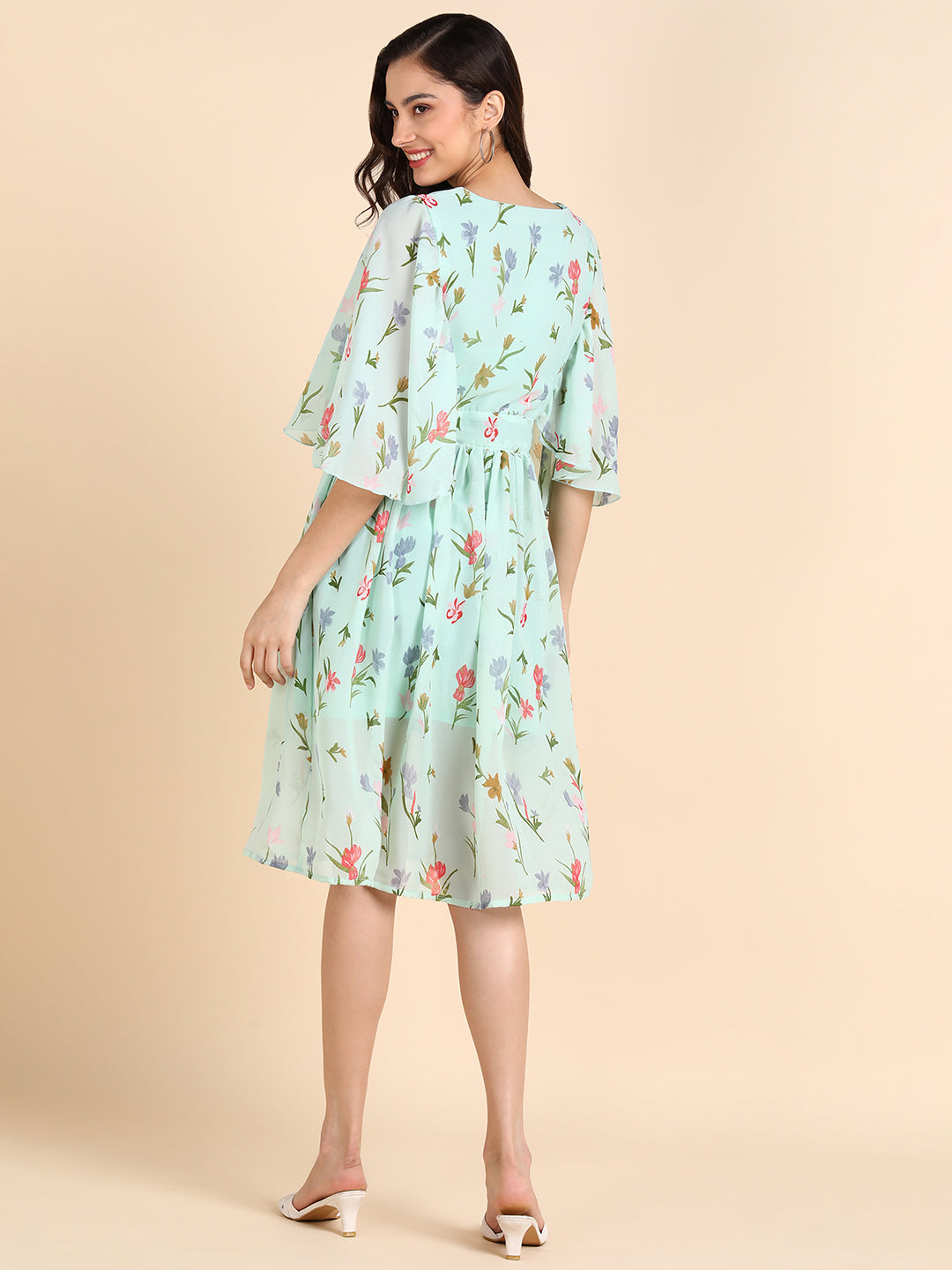 Floral Mint Green A-Line Midi Dress with Bell Sleeves – Summer Casual Dress for Women