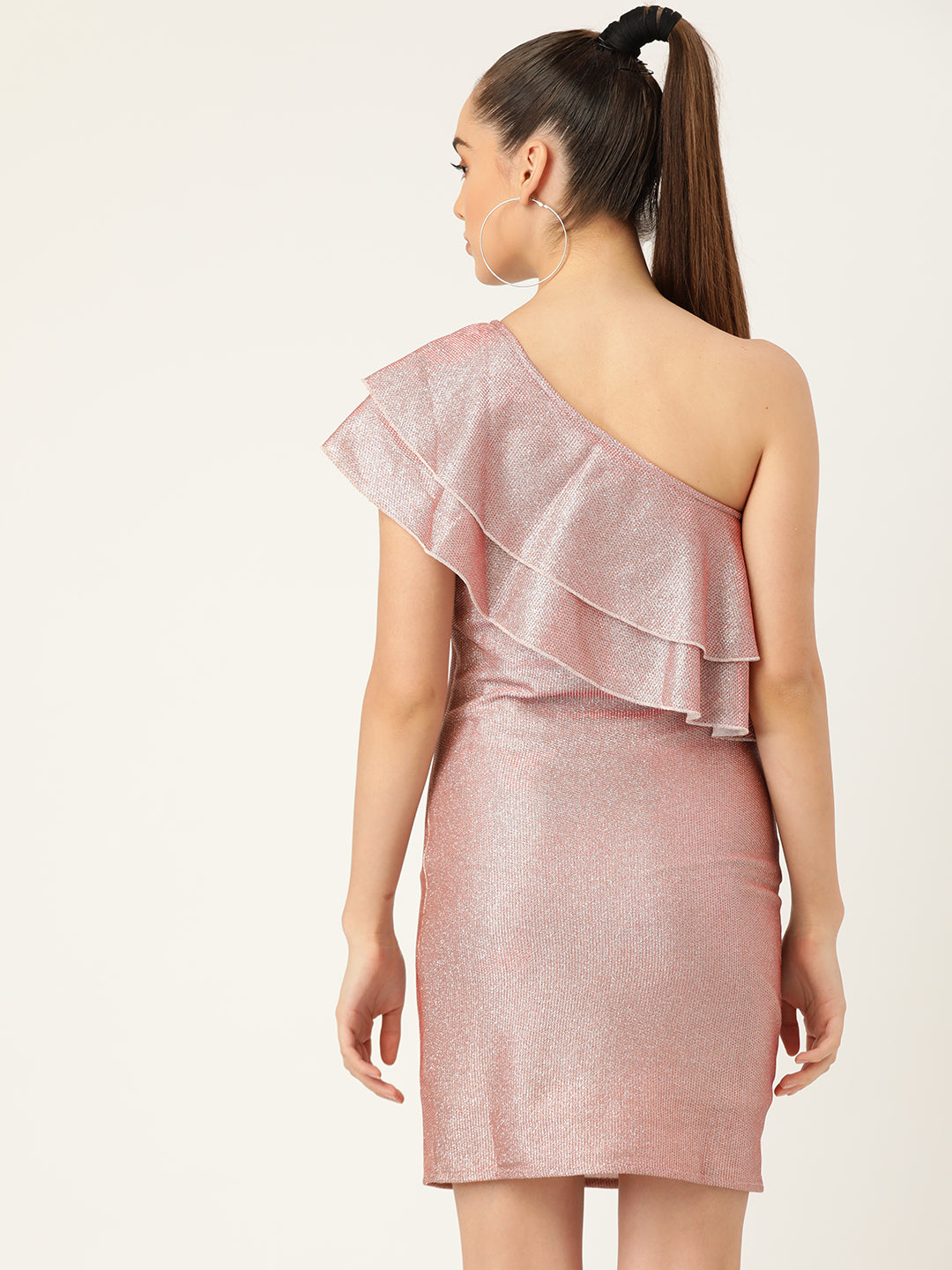 Women Pink One Shoulder Ruffle Party Dress with Shimmer Finish