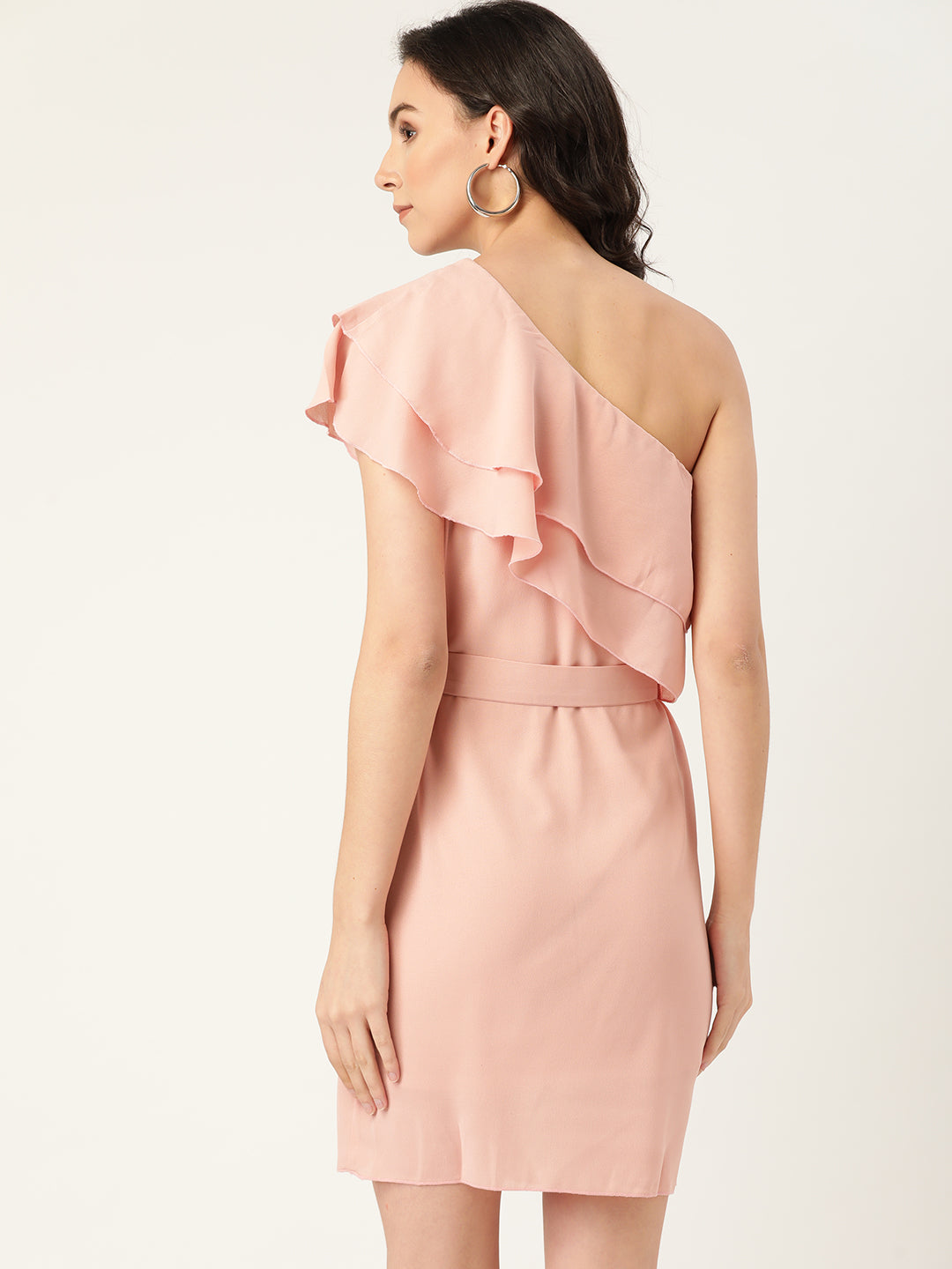 Peach One Shoulder Ruffle Mini Dress for Women