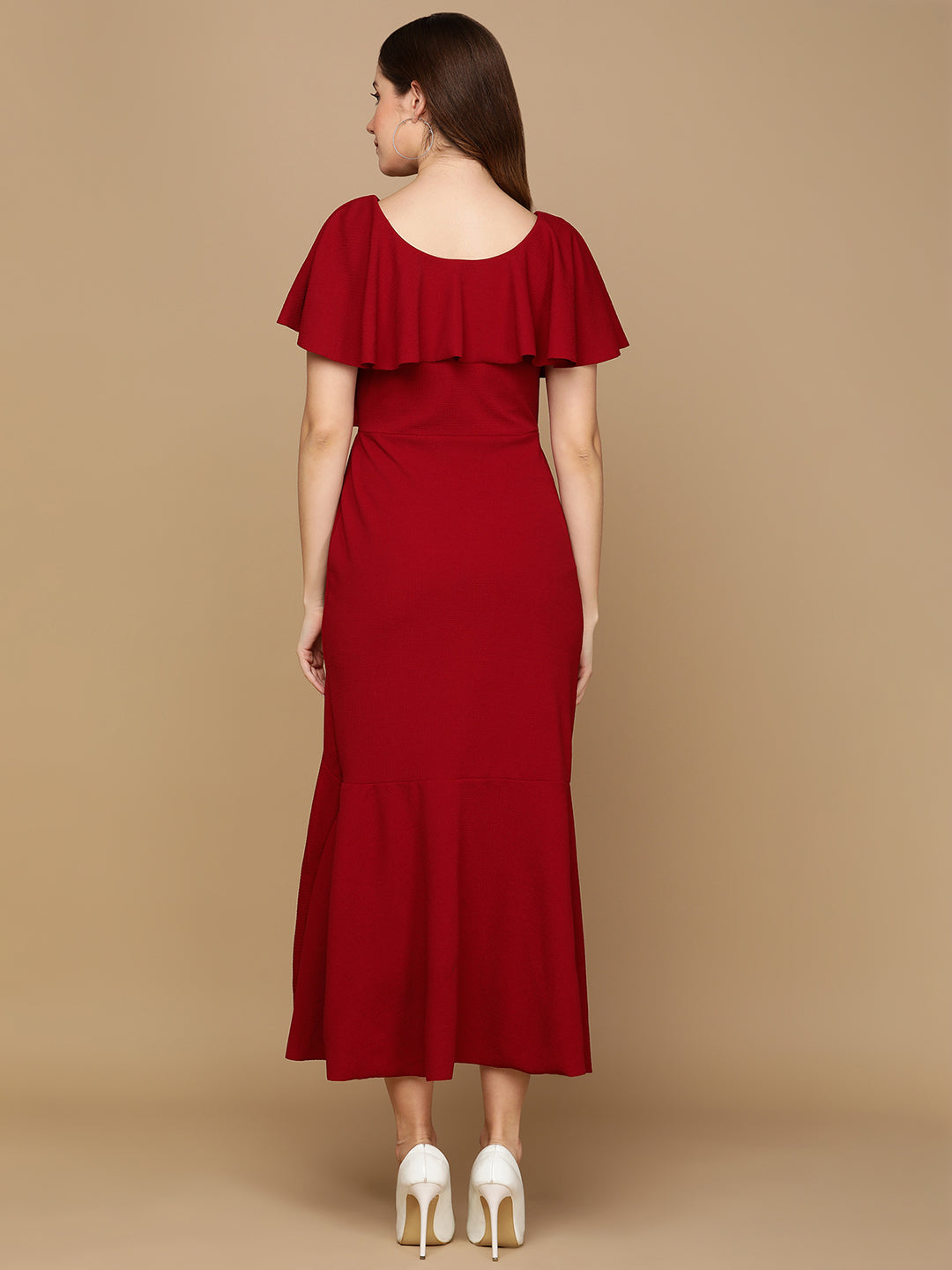 Elegant Maroon Ruffle High Low Dress for Women | Party Wear Midi Dress