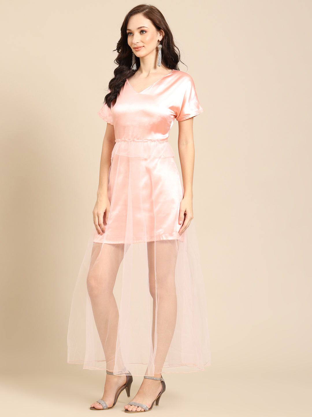 Women’s Peach Satin Short Dress with Sheer Net Overlay