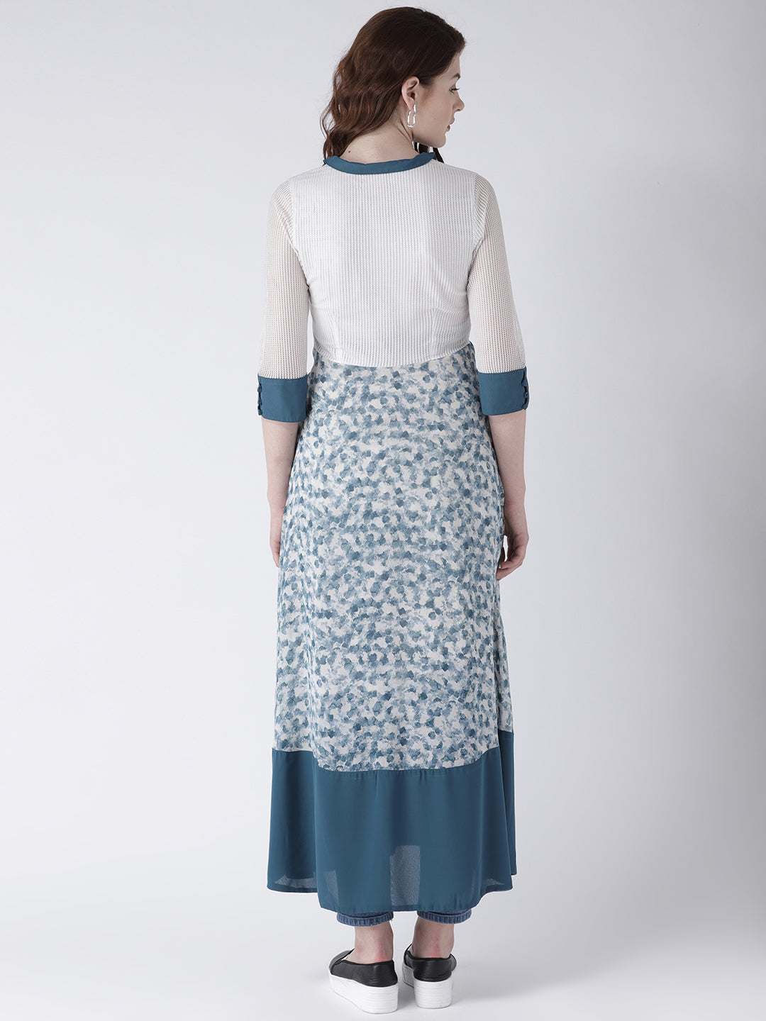 Women's Blue and White Printed Long Kurta with Shirt Collar and 3/4 Sleeves