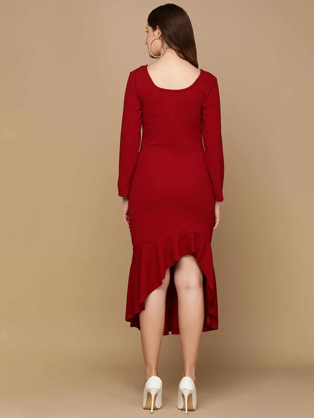 Elegant Maroon Bodycon Midi Dress for Women with Flared Hem | Party Wear