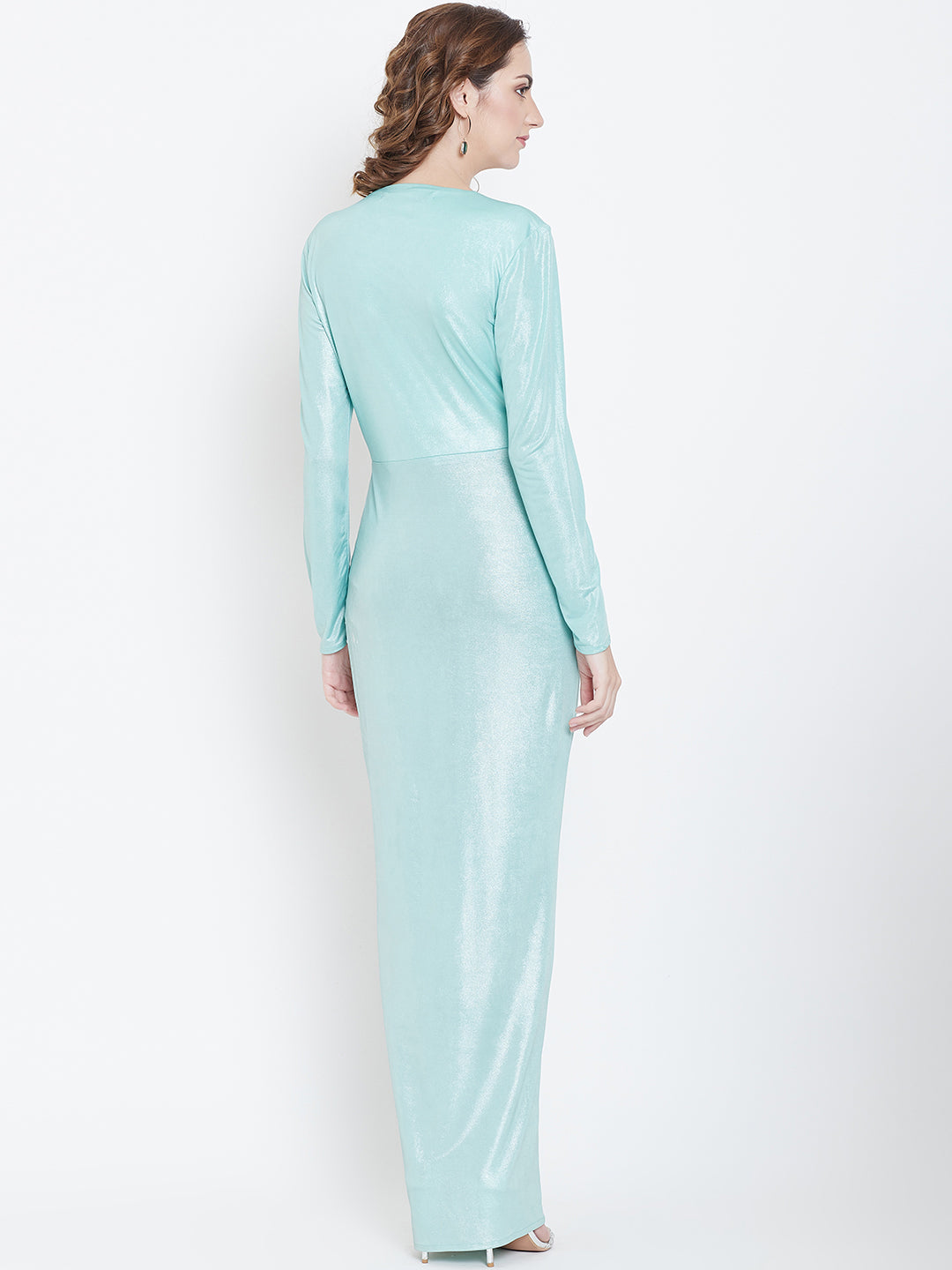 Aqua Blue Metallic Bodycon Gown with Deep V Neck and Front Slit