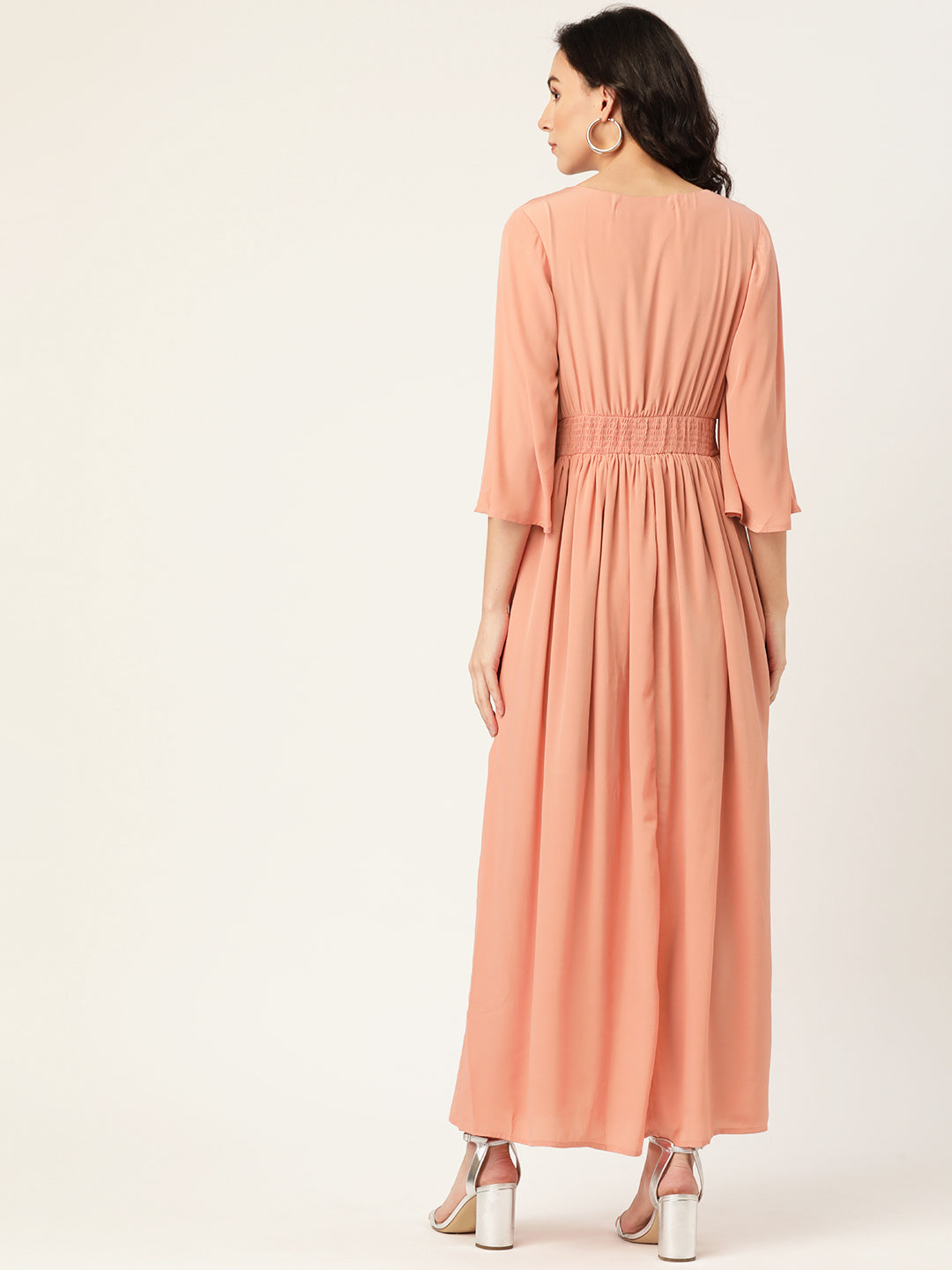 Peach V-Neck Maxi Dress with Flowy Sleeves for Women