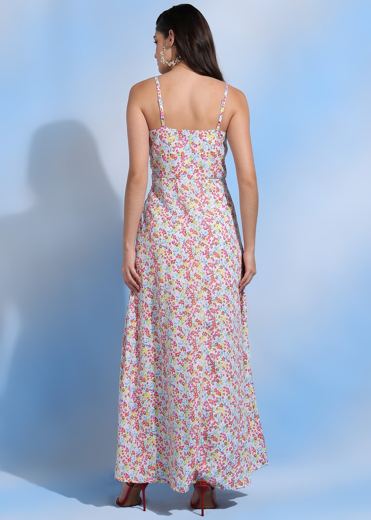 Women Floral Print V-Neck Spaghetti Strap Maxi Dress with Side Slit