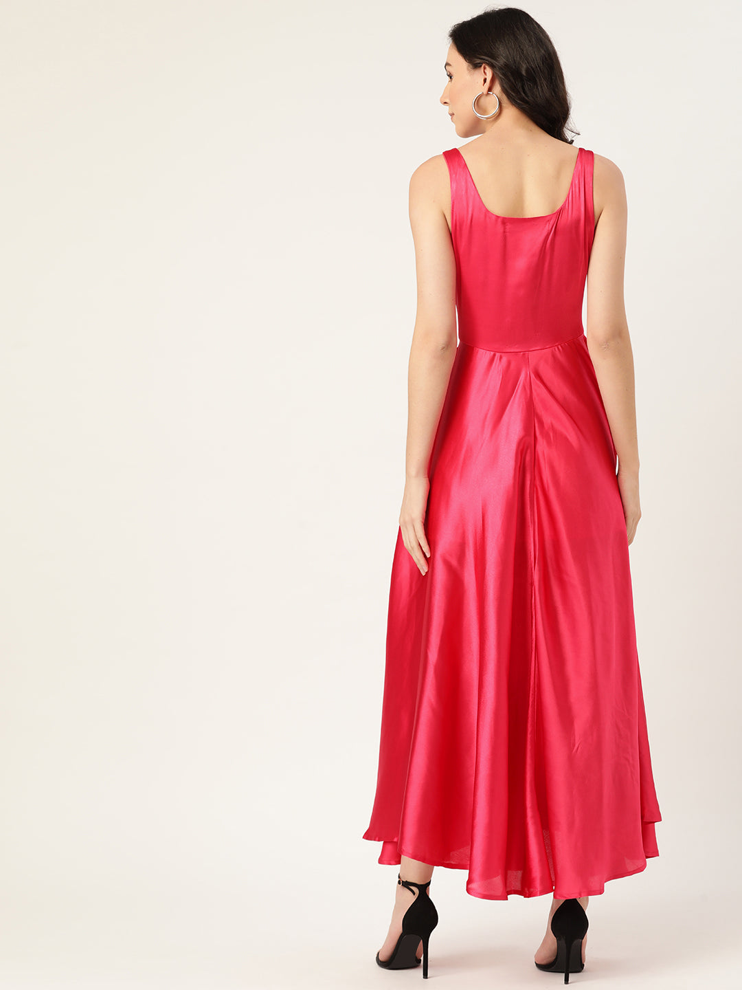 Women Pink Sleeveless Satin V-Neck Maxi Dress