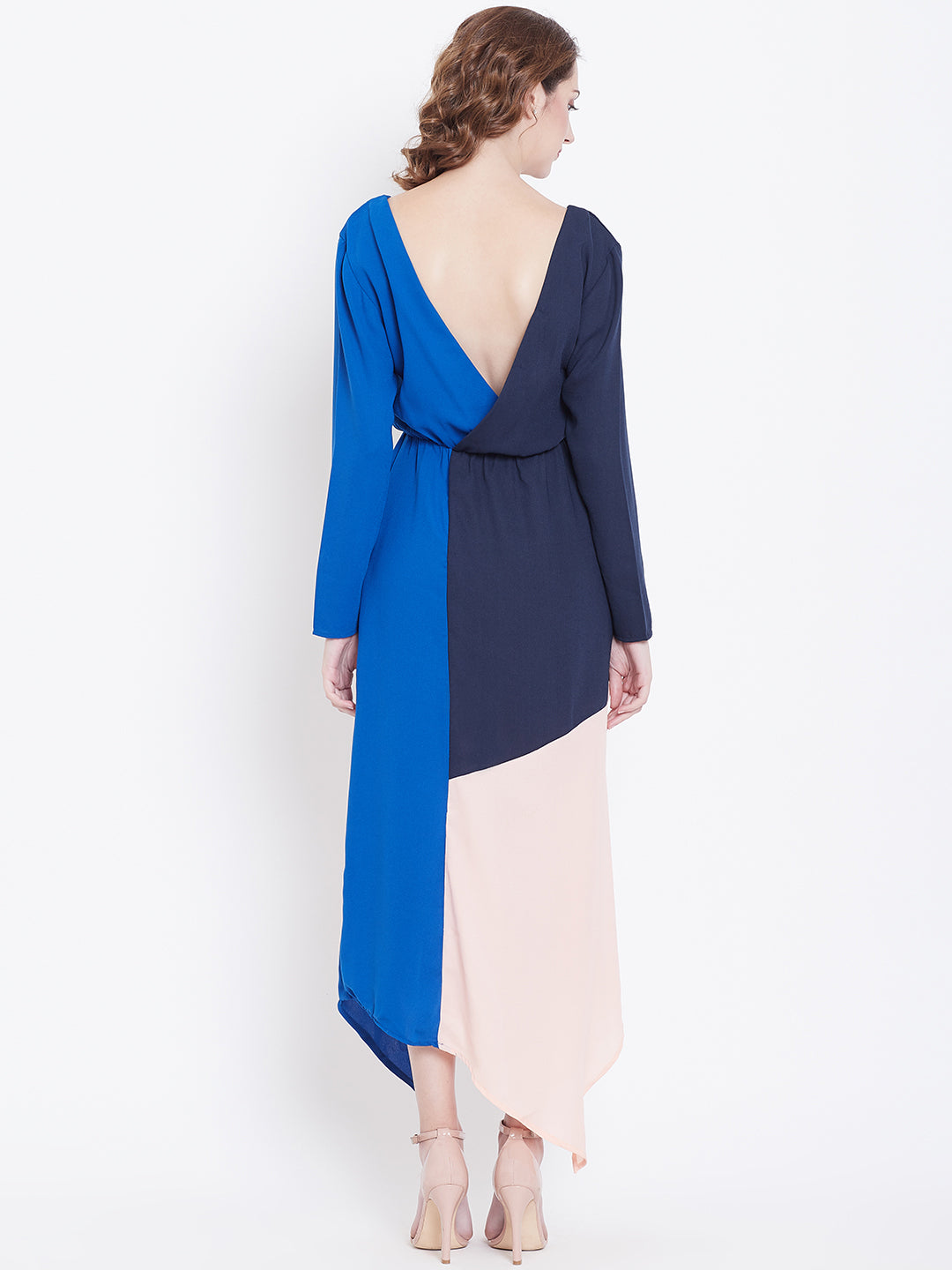Colorblock Asymmetric Hem Maxi Dress with One Shoulder Detail