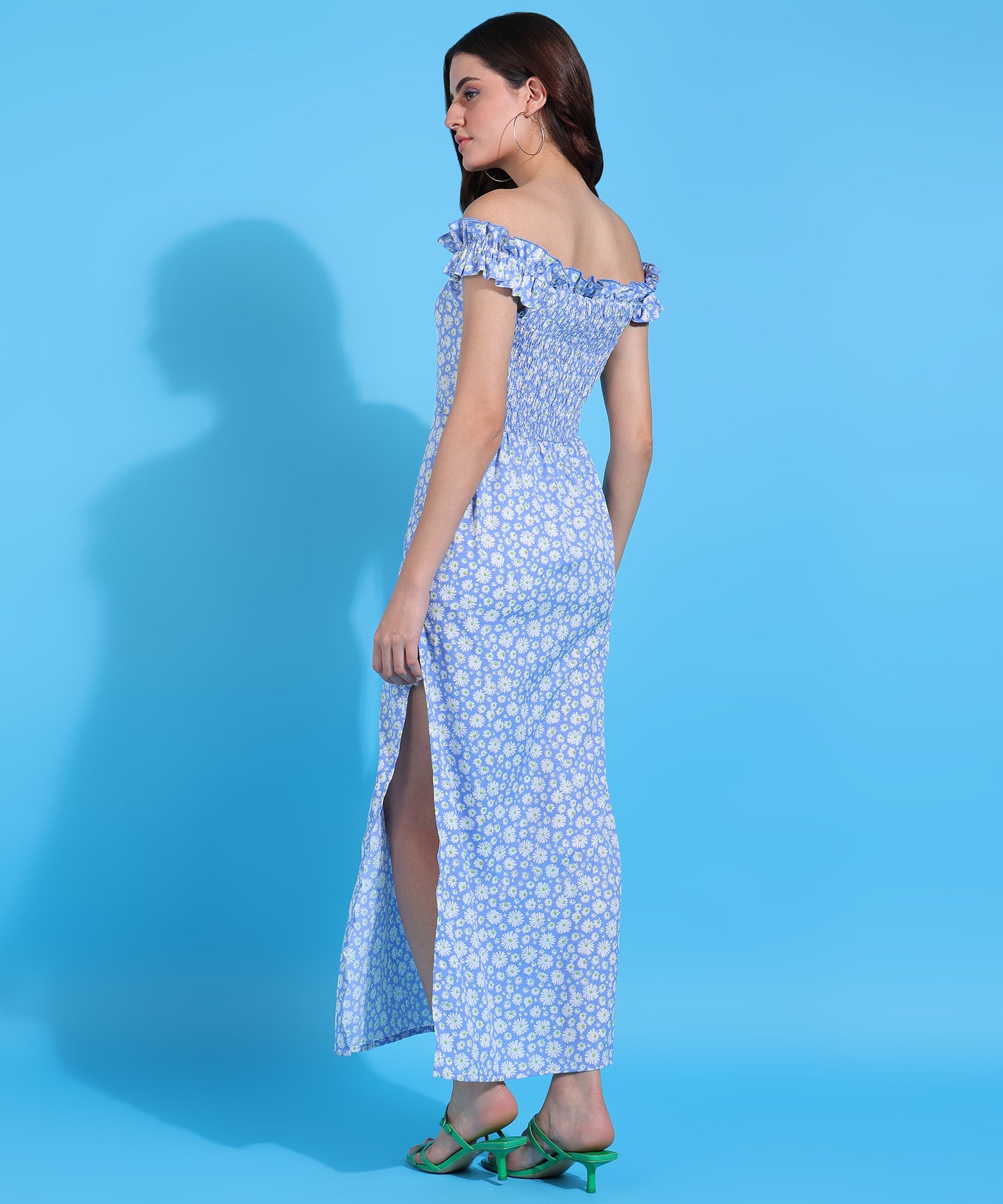 Women's Blue Floral Off Shoulder Maxi Dress with Side Slit